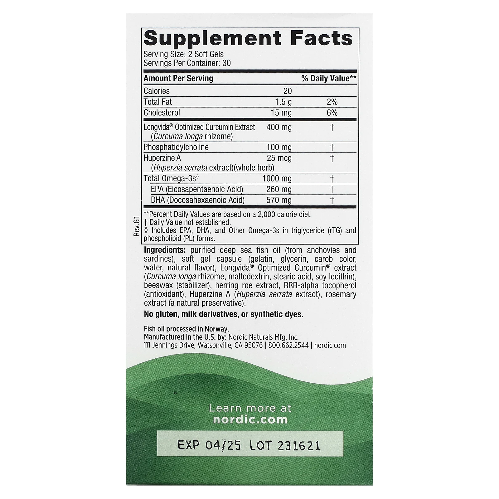 Nordic Naturals, Memory Support, смесь омега кислот для поддержки памяти, 1000 мг, 60 капсул (500 мг в 1 капсуле)