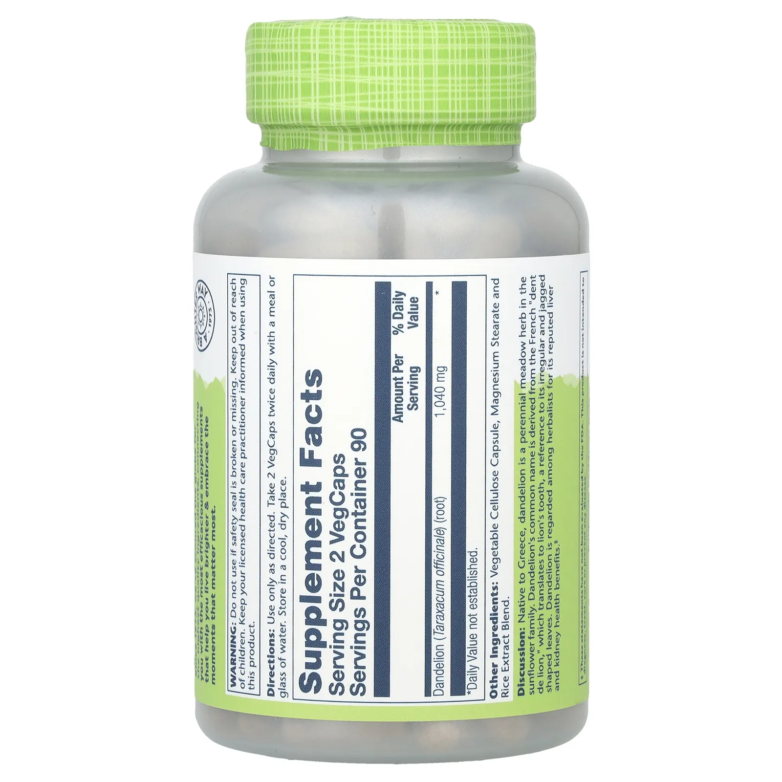 Solaray, одуванчик, 1040 мг, 180 вегетарианских капсул (520 мг в 1 капсуле)