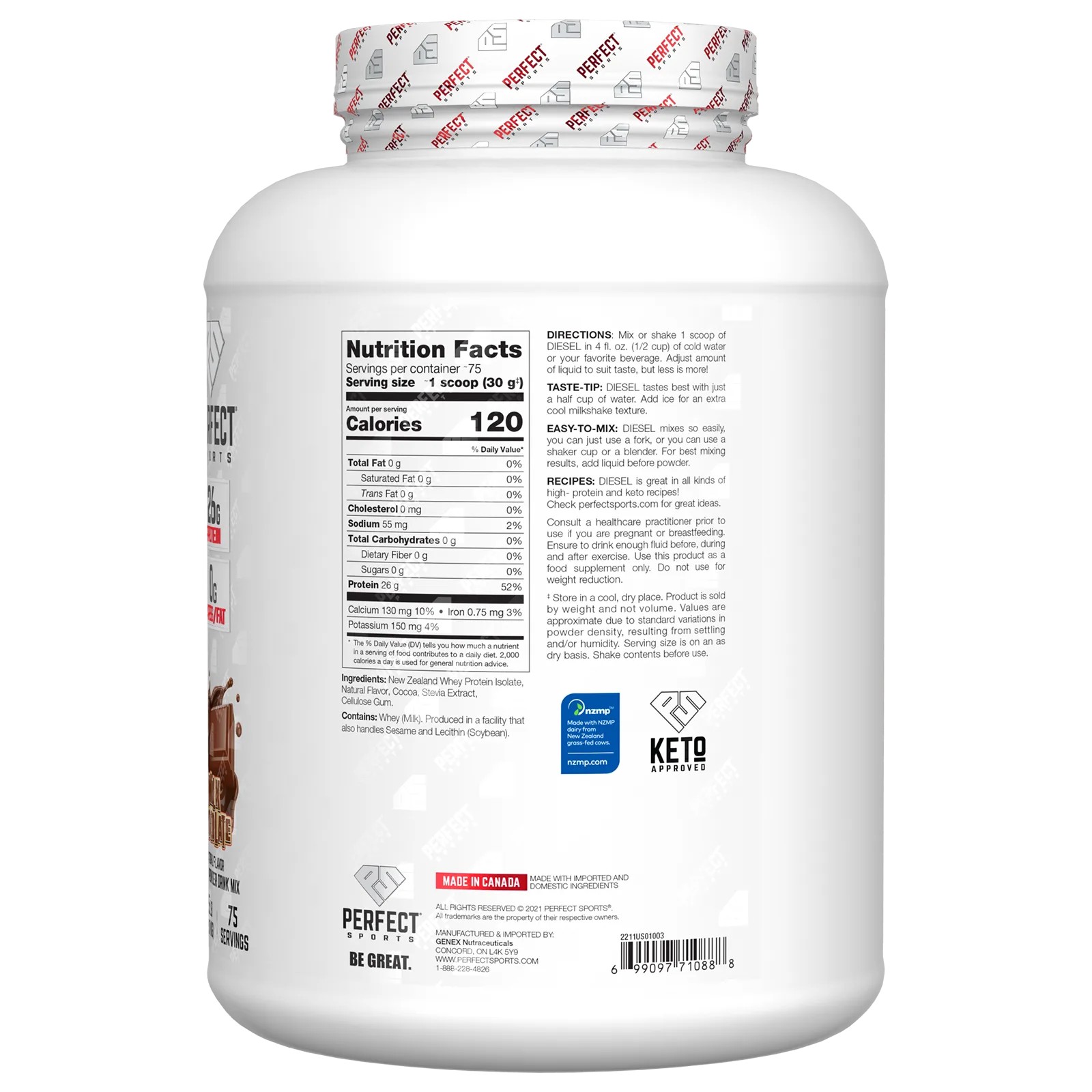 Perfect Sports, Diesel, изолят сыворотки из Новой Зеландии, молочный шоколад, 2,27 кг (5 фунтов)