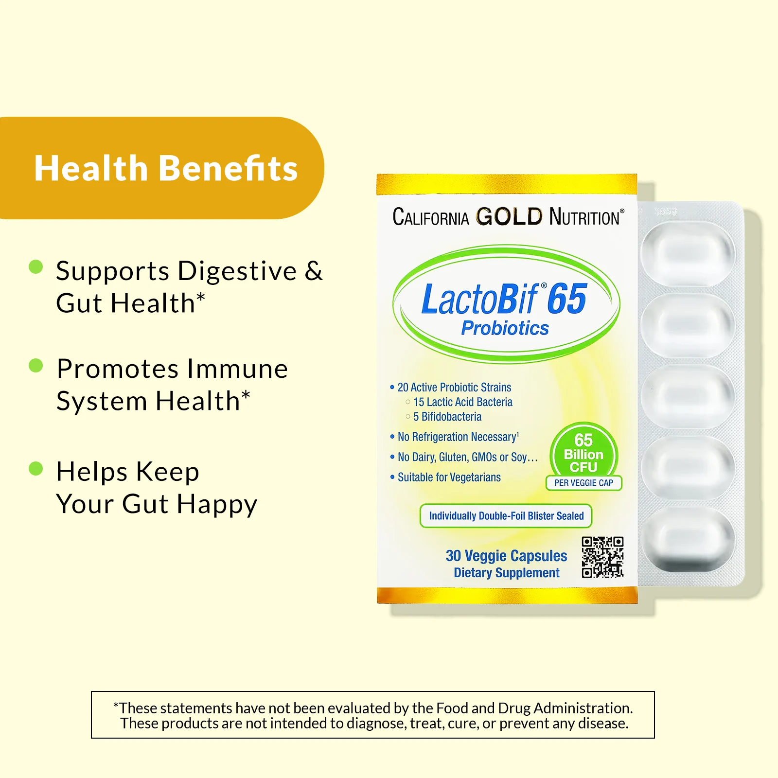 California Gold Nutrition, LactoBif 65, пробиотики, 65 млрд КОЕ, 30 вегетарианских капсул