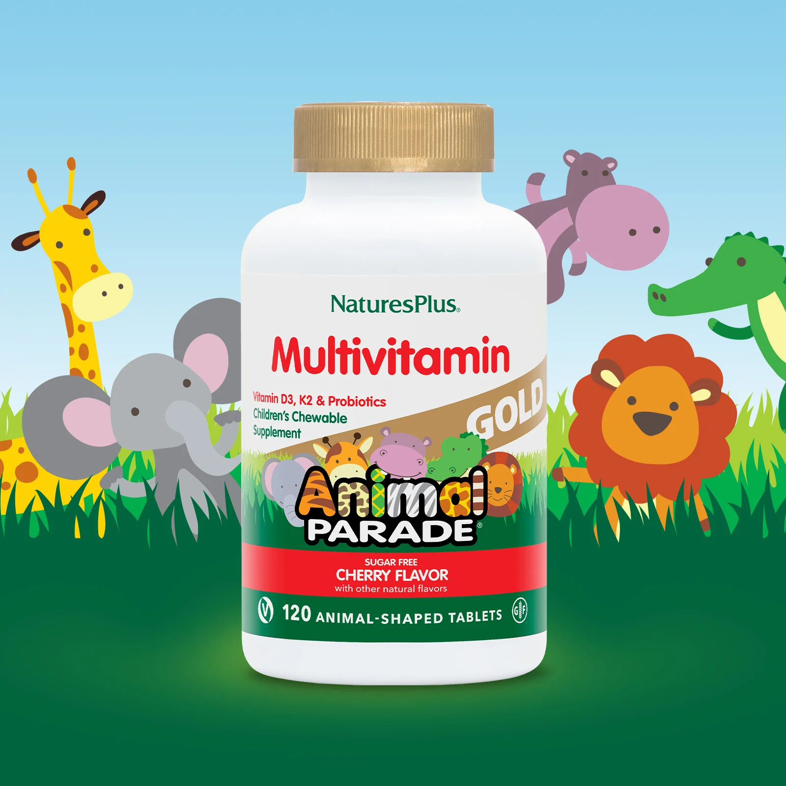 NaturesPlus, Source of Life, Animal Parade Gold, добавка для детей с мультивитаминами и микроэлементами, натуральный ароматизатор «Вишня», 120 таблеток в форме животных