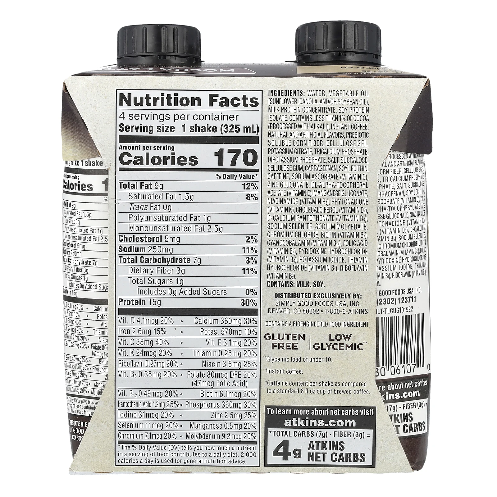 Atkins, Кофе со льдом, протеиновый коктейль, латте с мокко, 4 коктейля, 325 мл (11 жидк. Унций)