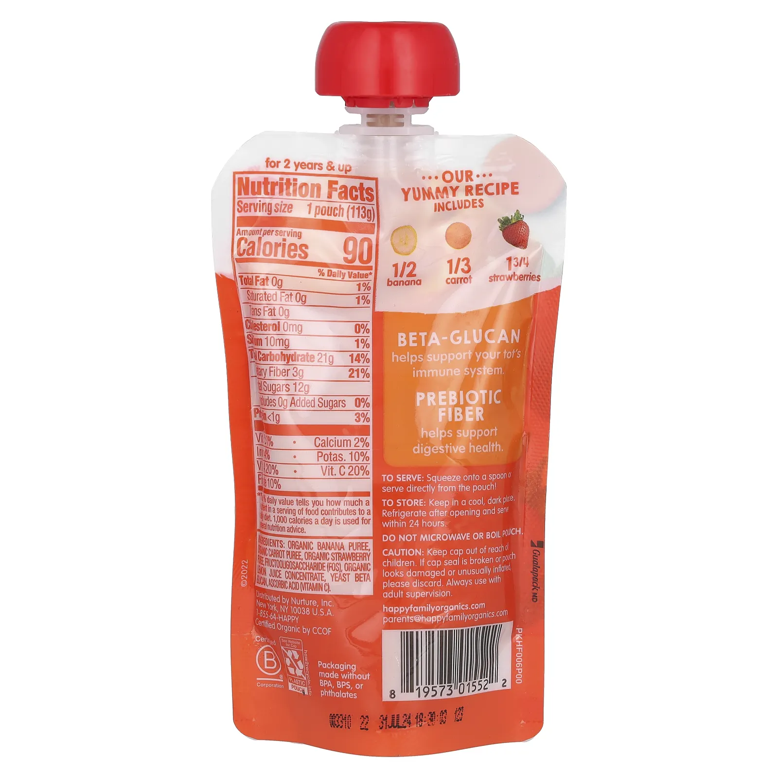 Happy Family Organics, Happy Tot, Super Bellies, органические бананы, морковь и клубника, 4 унции (113 г)