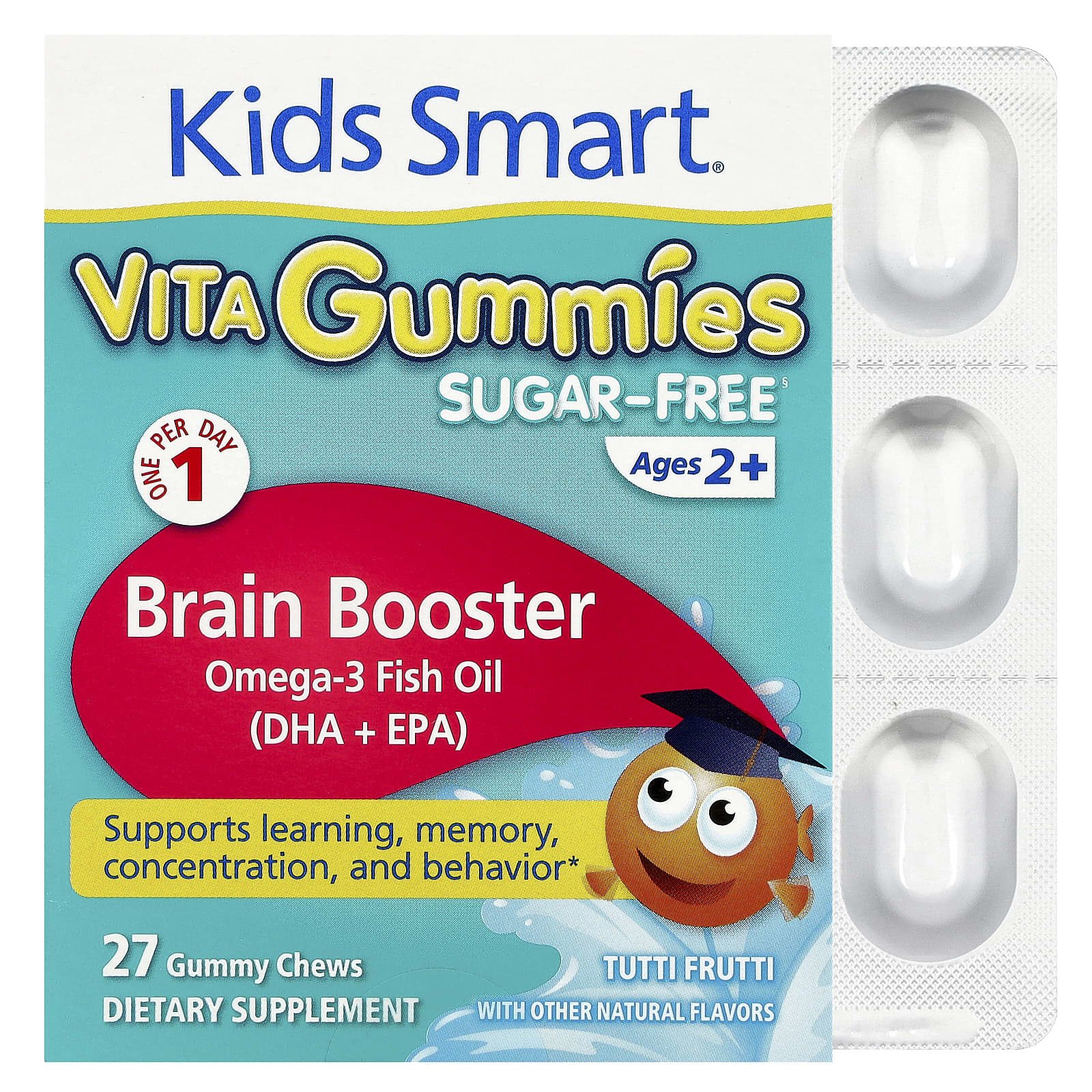 Kids Smart, Vita Gummies, Brain Booster, без сахара, для детей от 2 лет, тутти фрутти, 27 жевательных жевательных таблеток