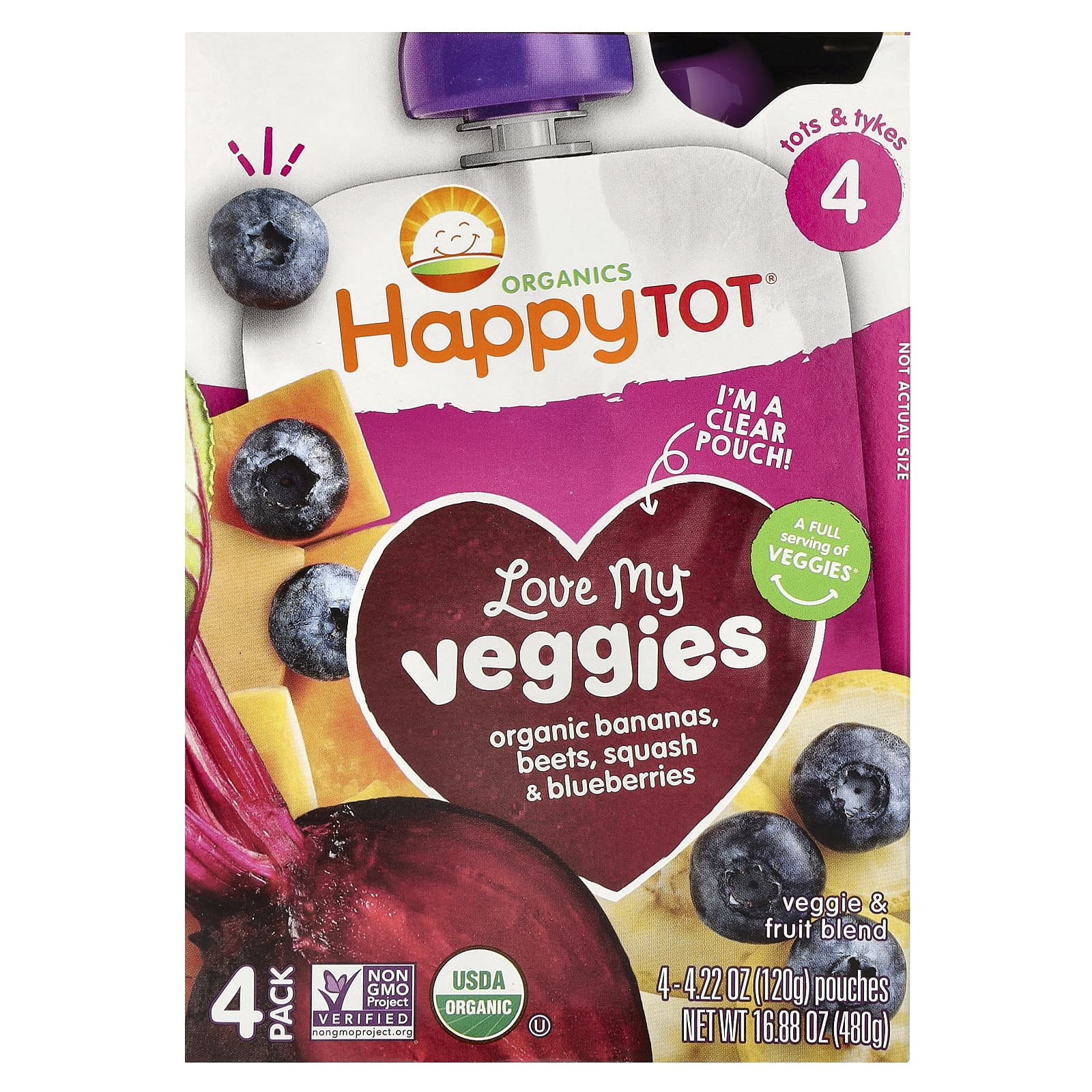 Happy Family Organics, Happy Tot, Stage 4, Love My Veggies, органические бананы, свекла, тыква и голубика, 4 пакетика по 120 г (4,22 унции)