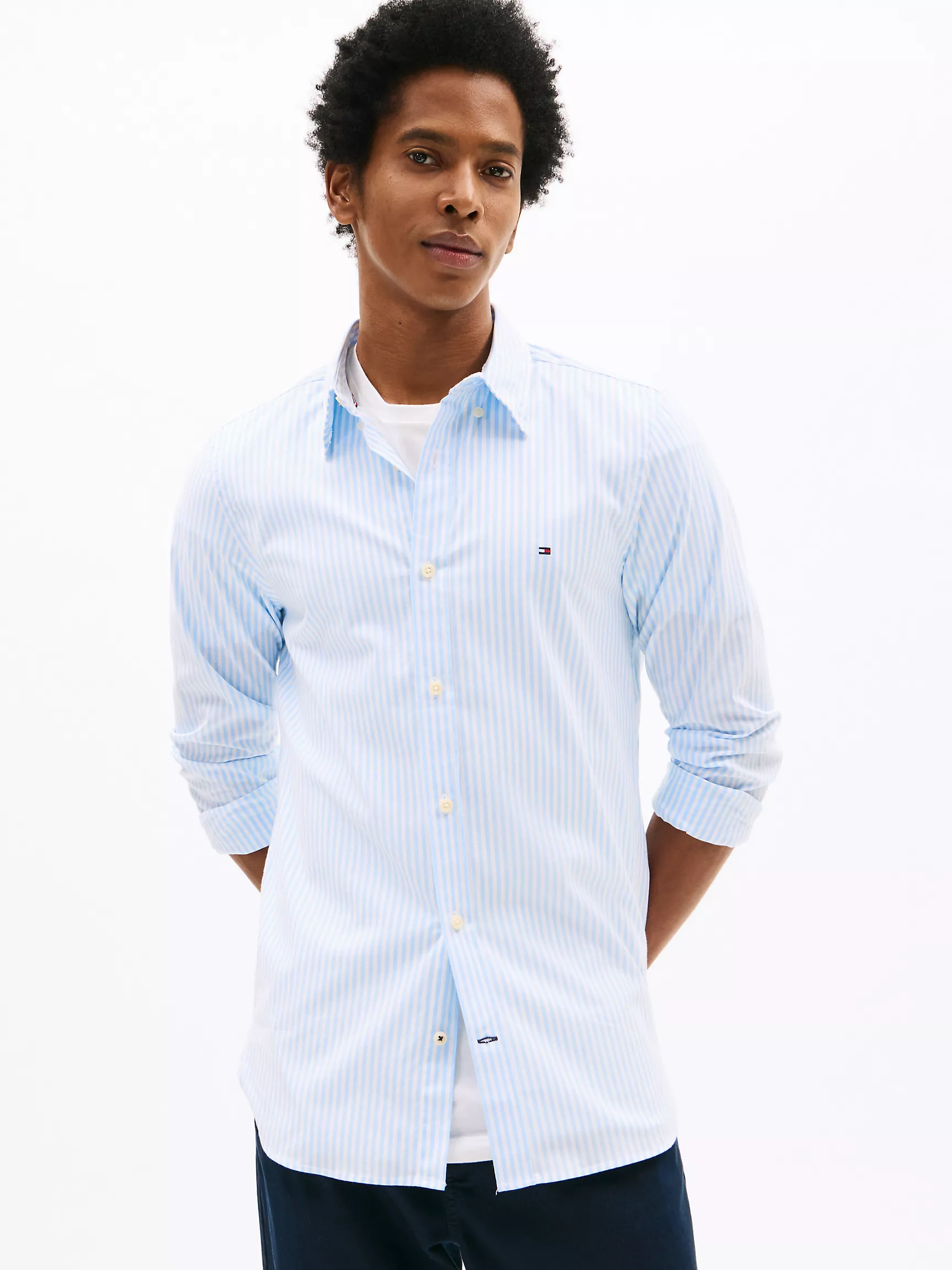 Мужская рубашка Tommy Hilfiger, Полосатая эластичная рубашка из поплина приталенного кроя