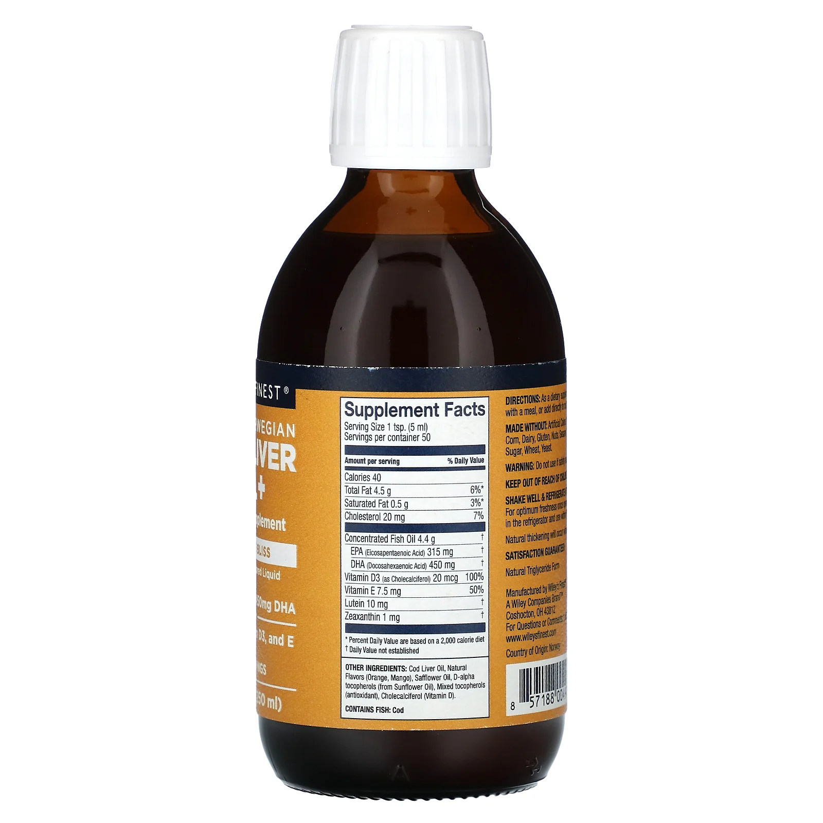 Wiley's Finest, Жир печени дикой норвежской трески +, апельсиновый сок, 250 мл (8,45 жидк. Унции)