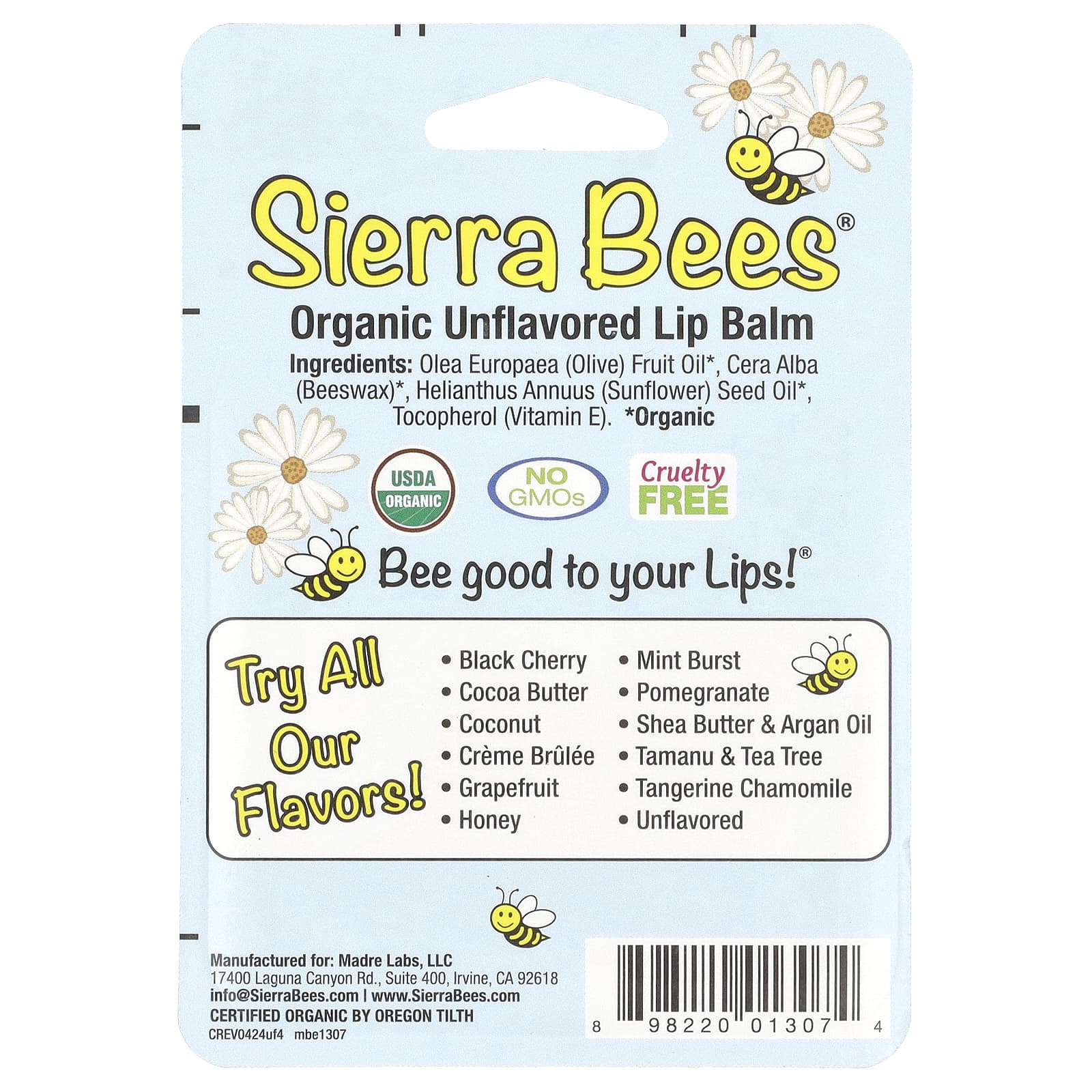 Sierra Bees, Органические бальзамы для губ, без вкуса, 4 шт. в упаковке, 0,15 унции (4,25 г) каждый