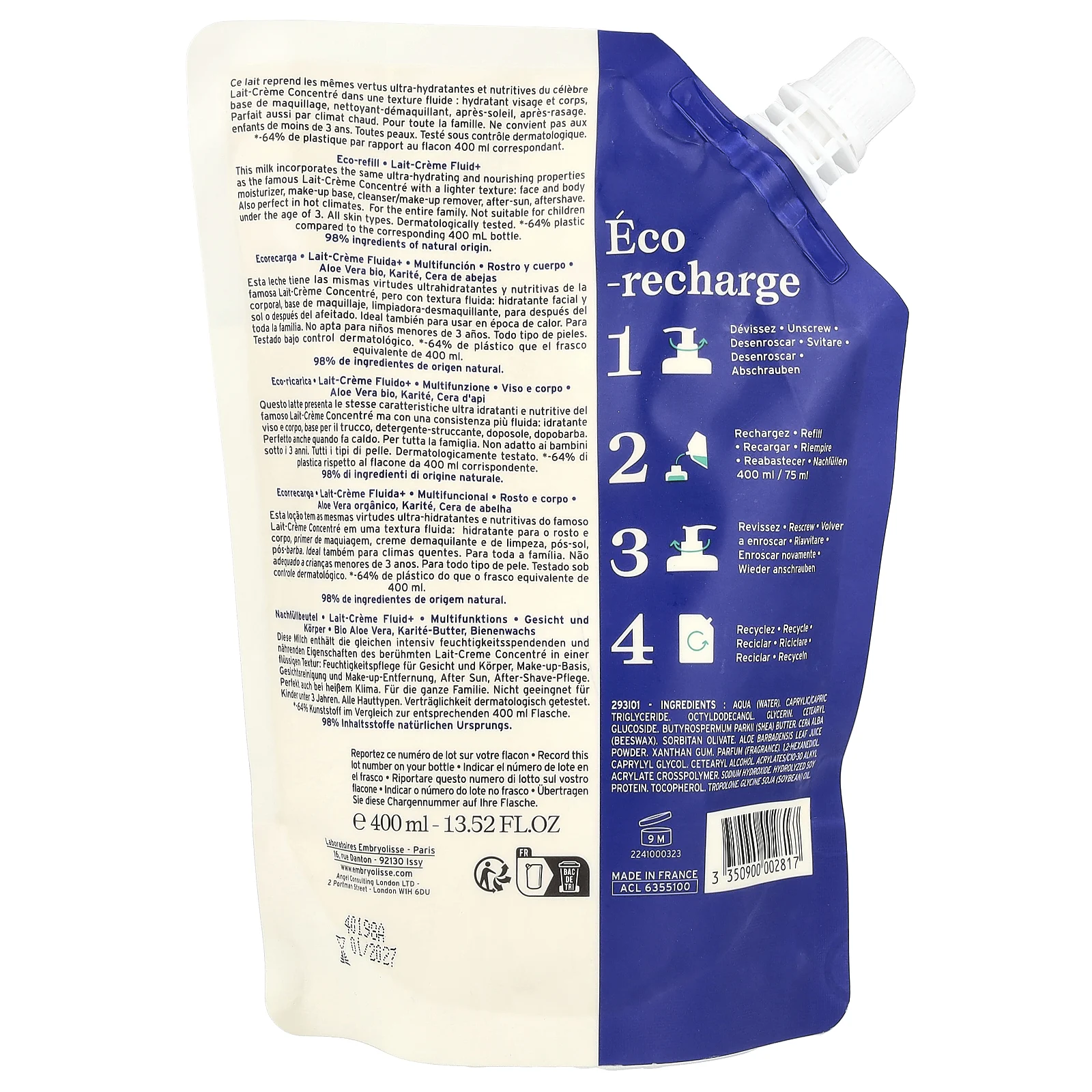 Embryolisse, Lait-Creme Fluid+, многофункциональное увлажняющее средство, запасной блок, 400 мл (13,52 жидк. унции)