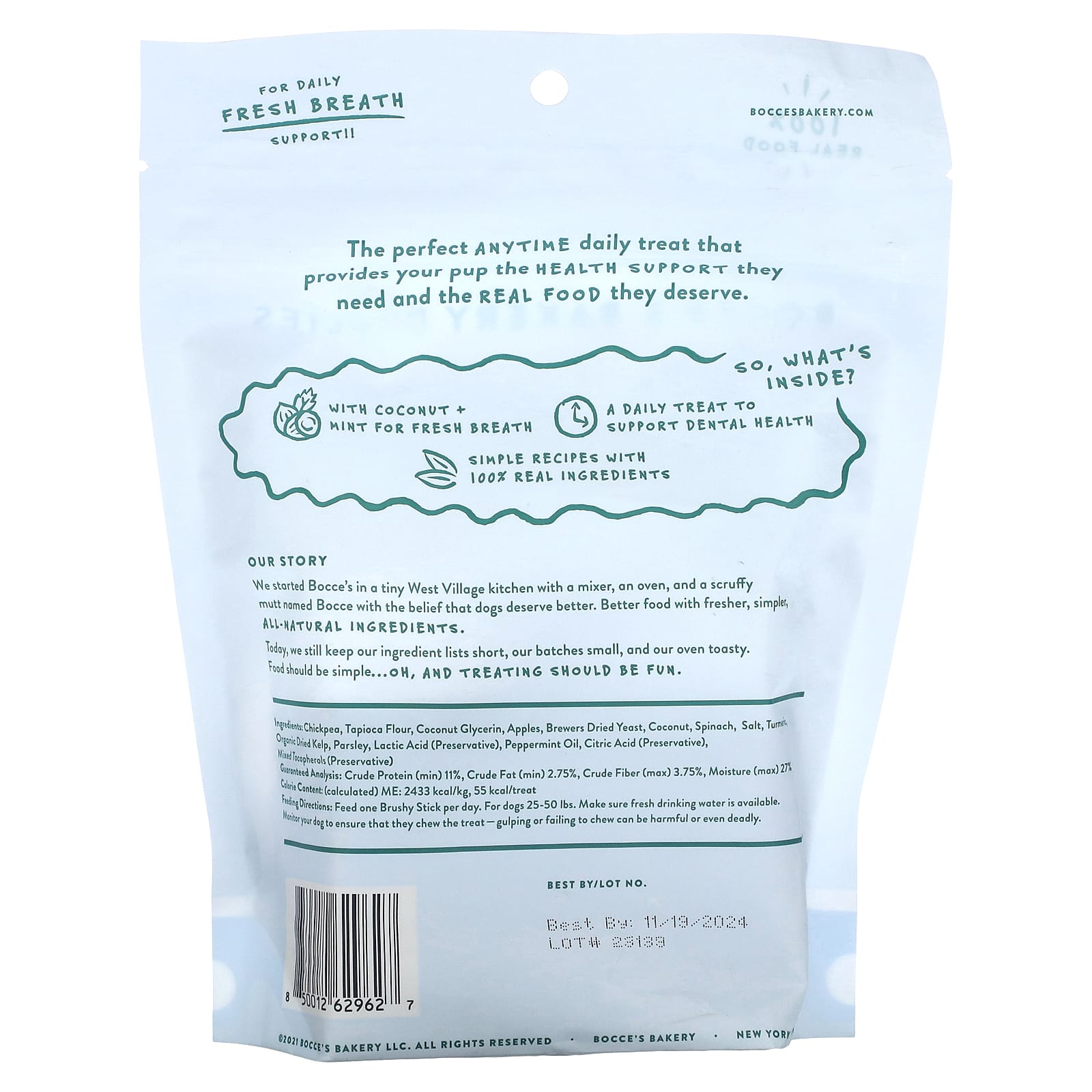 Bocce's Bakery, Dailies, Brushy Sticks, для средних собак, рецепт с кокосом и мятой, 16 зубных батончиков, 368,5 г (13 унций)