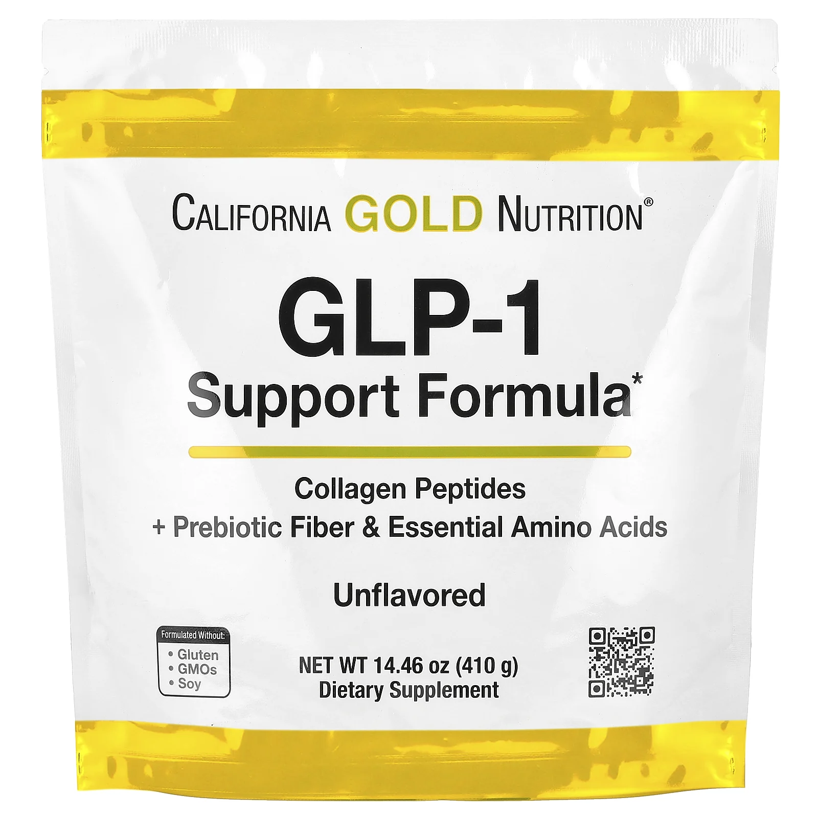 California Gold Nutrition, добавка для поддержания уровня ГПП-1 с пептидами гидролизованного морского коллагена, смесью пребиотической клетковины, устойчивой к расщеплению, и смесью незаменимых аминокислот, обогащённой лейцином, с нейтральным вкусом, 410 