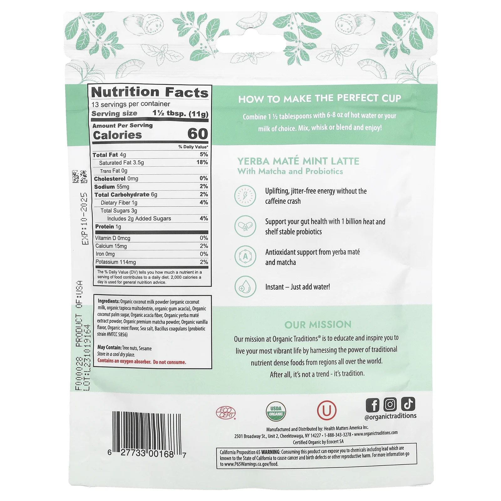 Organic Traditions, Мятный латте Yerba Mate с матча и пробиотиками, 150 г (5,3 унции)