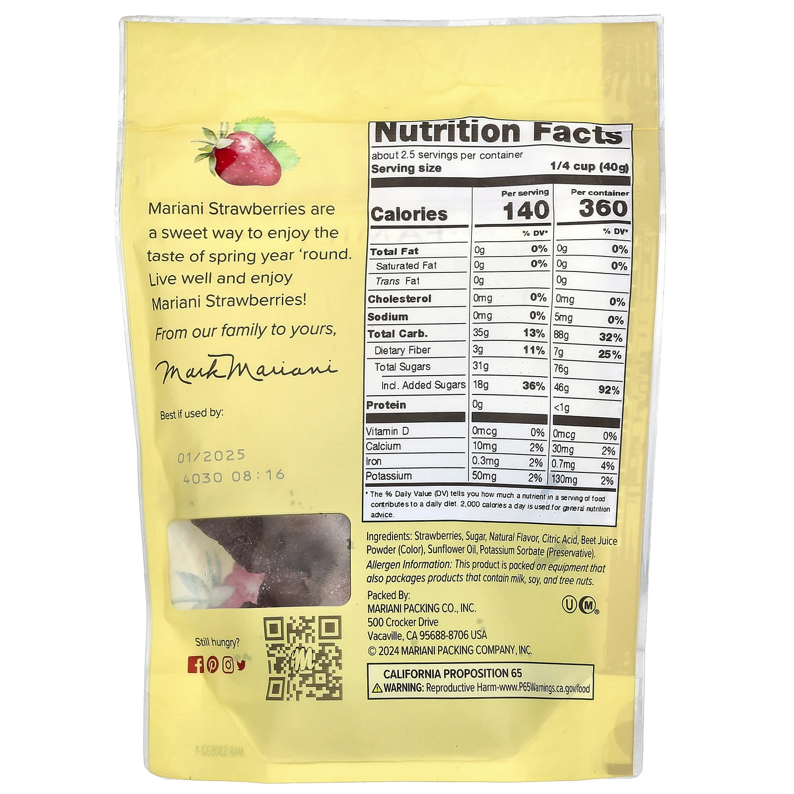 Mariani Dried Fruit, Сушеная клубника с сахаром, 99 г (3,5 унции)