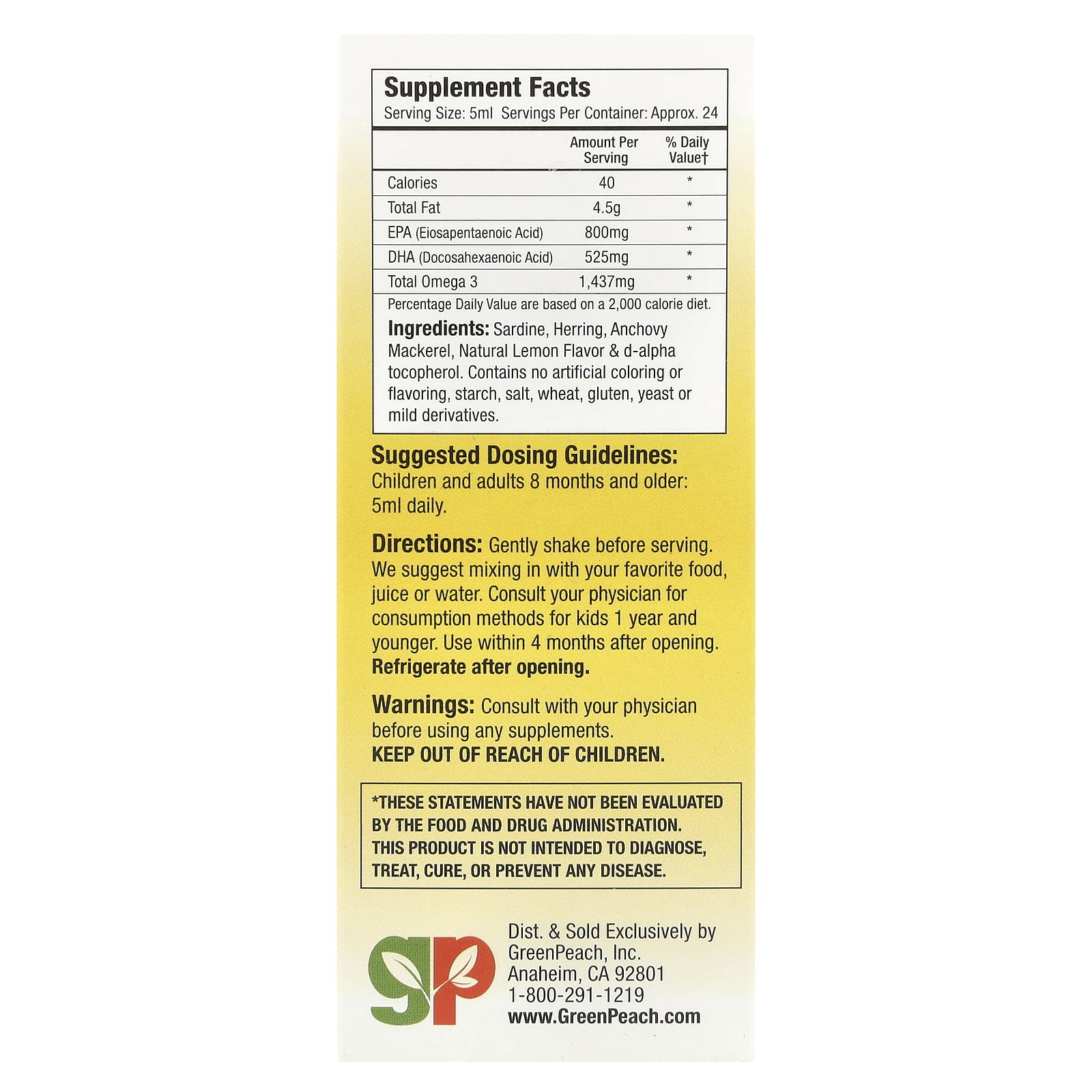 GreenPeach, Омега-3 с ЭПК и ДГК, лимон, 118,3 мл (4 жидк. Унции)