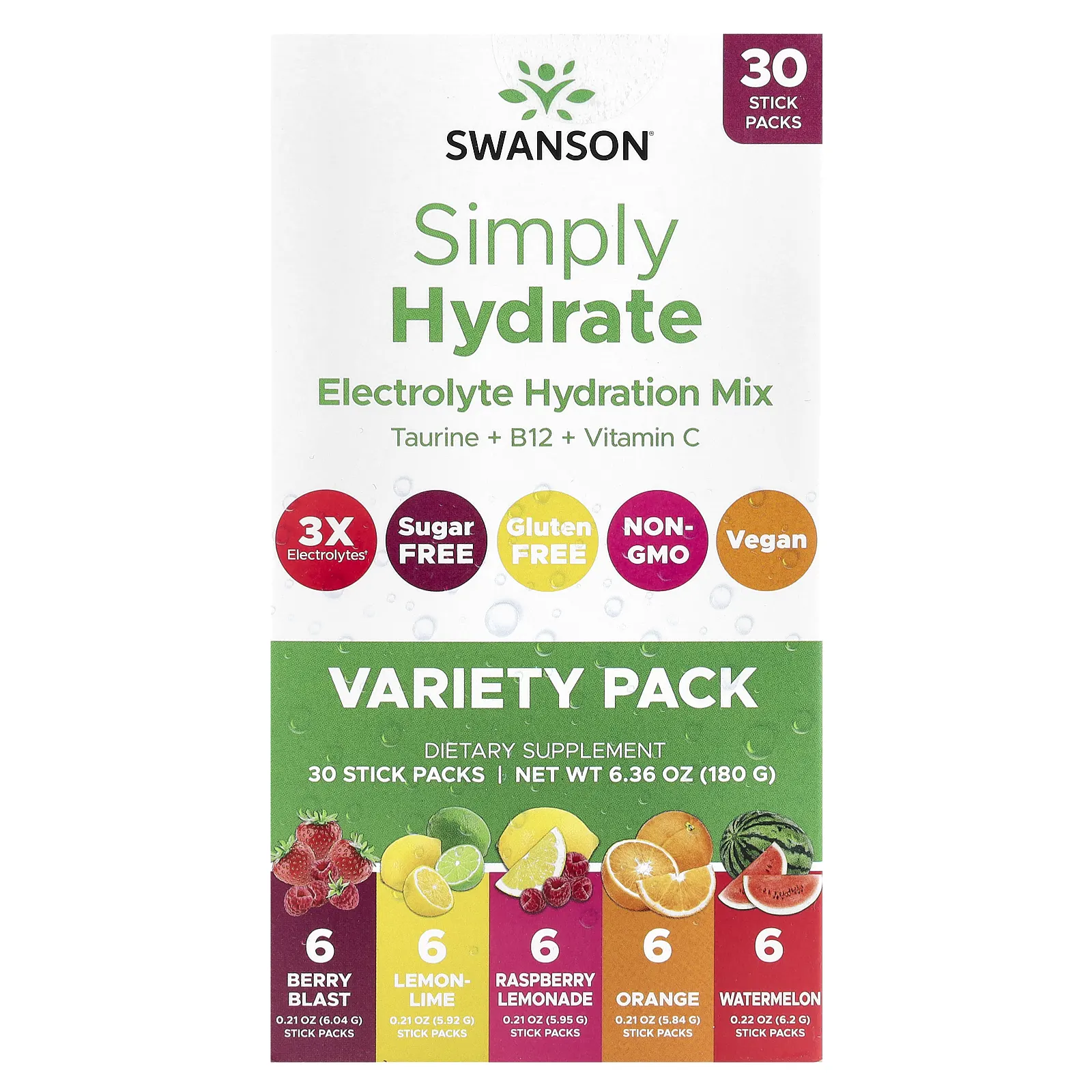 Swanson, Simply Hydrate, смесь электролитов для гидратации, ассорти из 30 стик-пакетов, 180 г (6,36 унции)