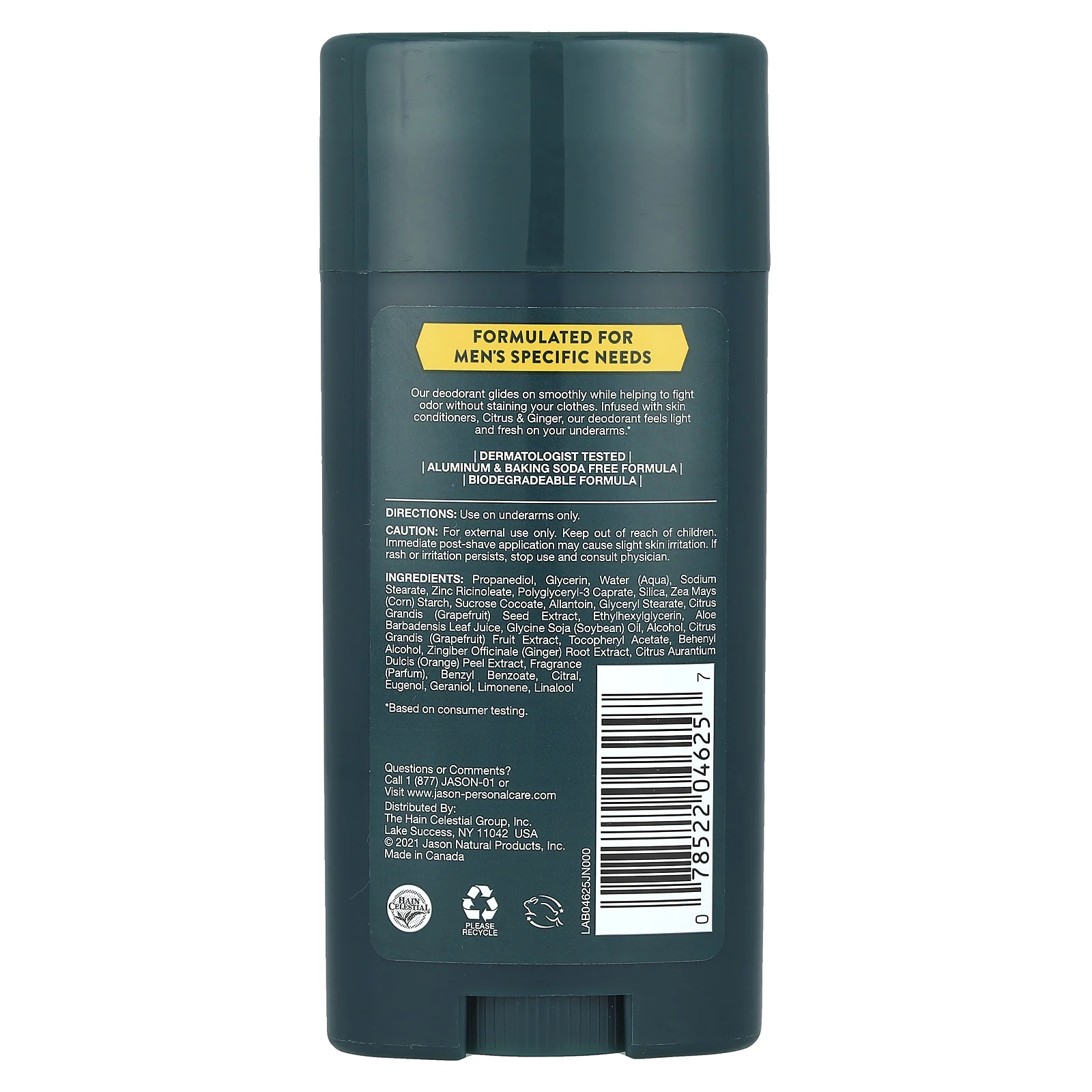 Jason Natural, Для мужчин, дезодорант, цитрус и имбирь, без алюминия, 71 г (2,5 унции)