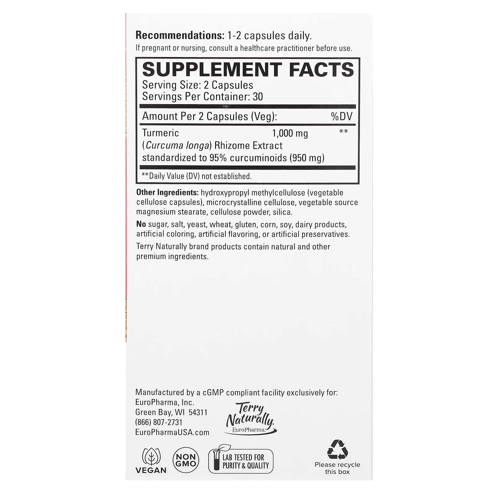 Terry Naturally, куркума 50X, высокая эффективность, 1000 мг, 60 капсул (500 мг в 1 капсуле)