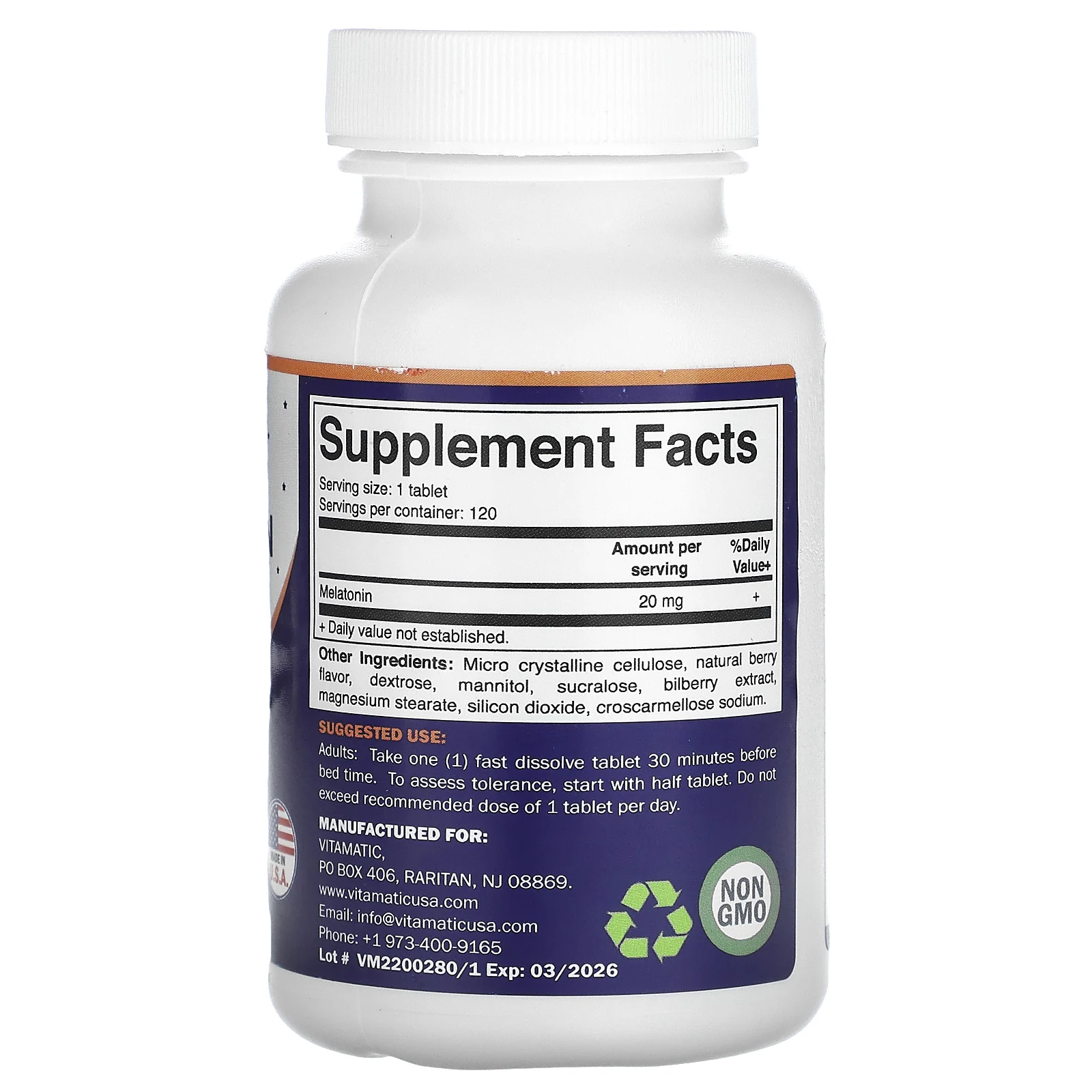 Vitamatic, Быстрорастворимый мелатонин, натуральные ягоды, 20 мг, 120 быстрорастворимых таблеток