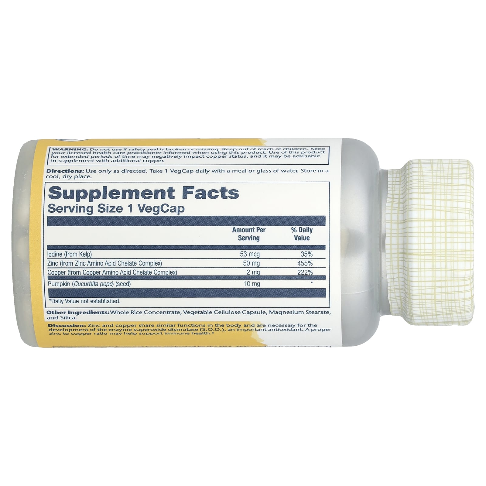 Solaray, цинк и медь с бурыми водорослями и тыквенными семечками, 100 капсул VegCap