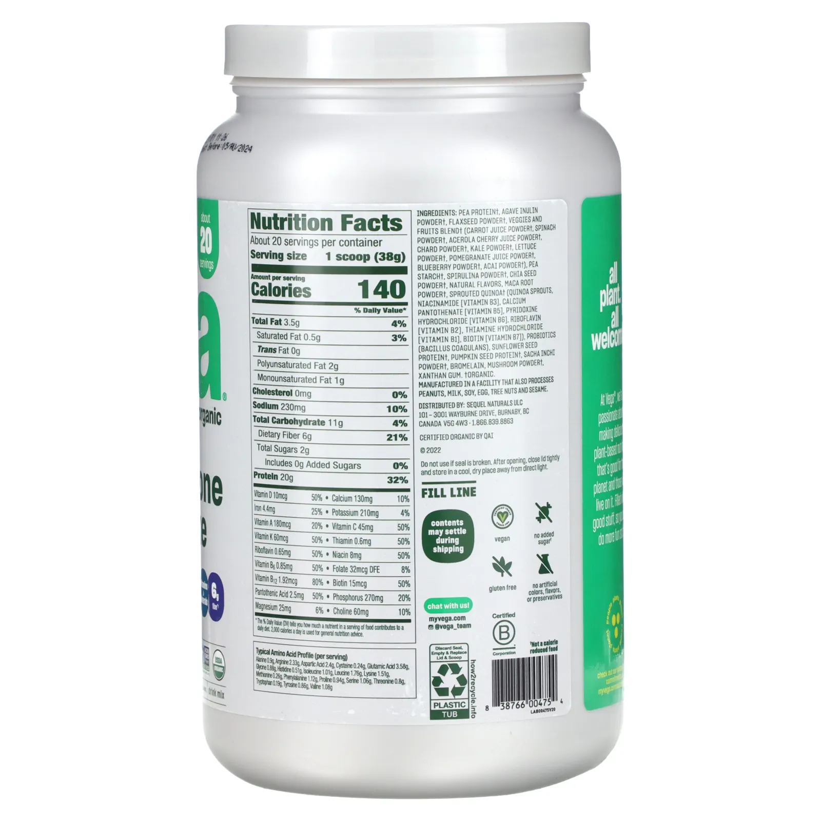 Vega, Растительный, органический универсальный коктейль, без сахара, 763 г (26,9 унции)