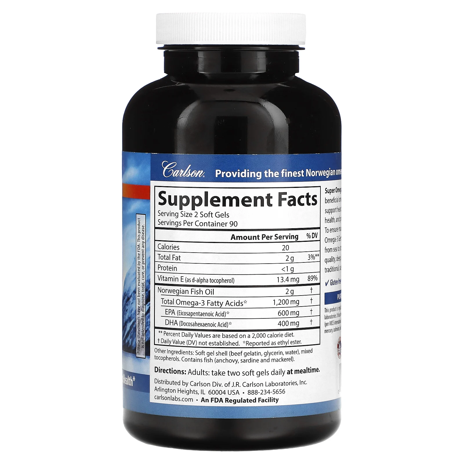 Carlson, Super Omega-3 Gems, высокоэффективные омега-3 кислоты из рыбы дикого улова, 1200 мг, 180 капсул (600 мг в 1 капсуле)