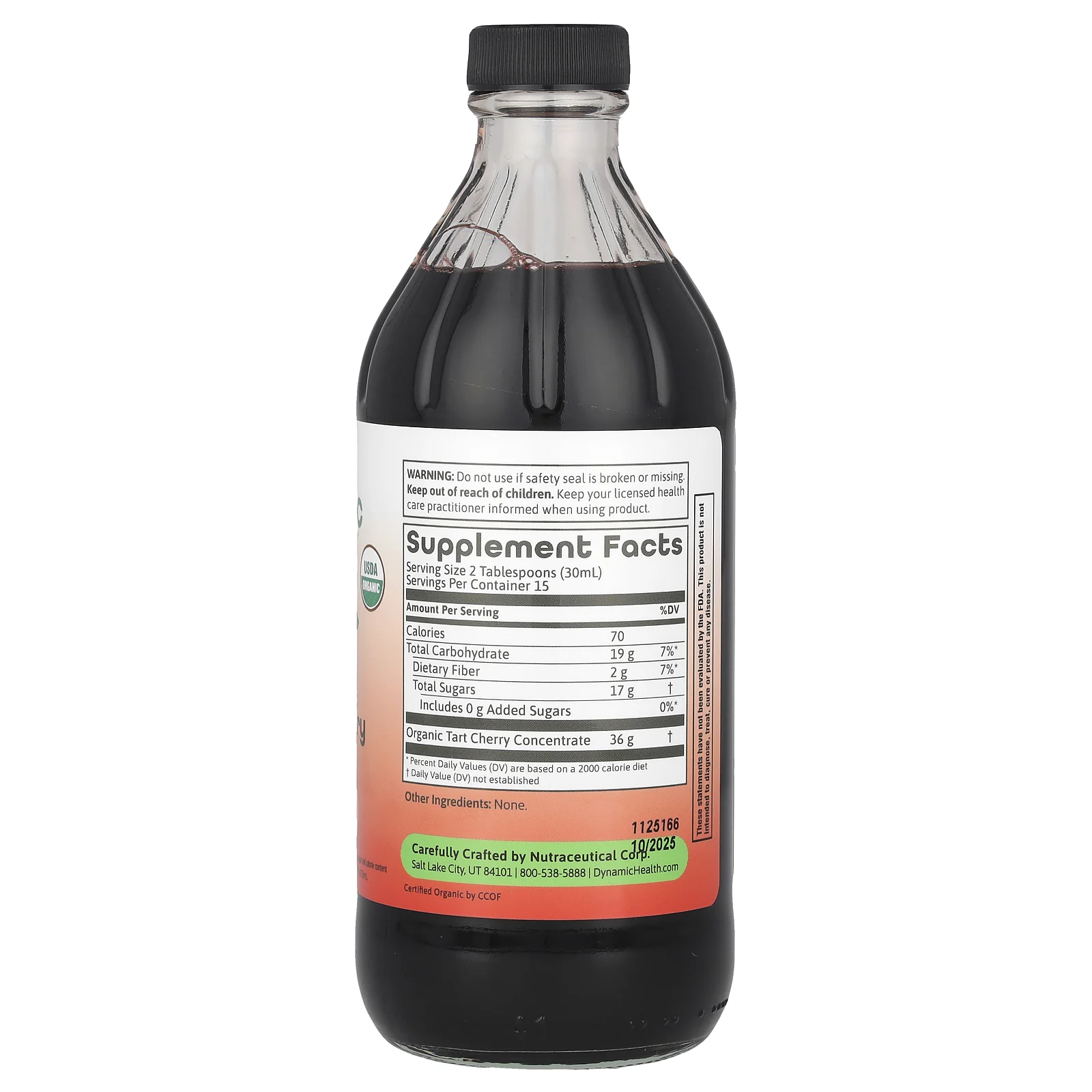 Dynamic Health, Сертифицированный органический продукт Tart Cherry, 100-процентный концентрированный сок, неподслащенный, 473 мл (16 жидких унций)