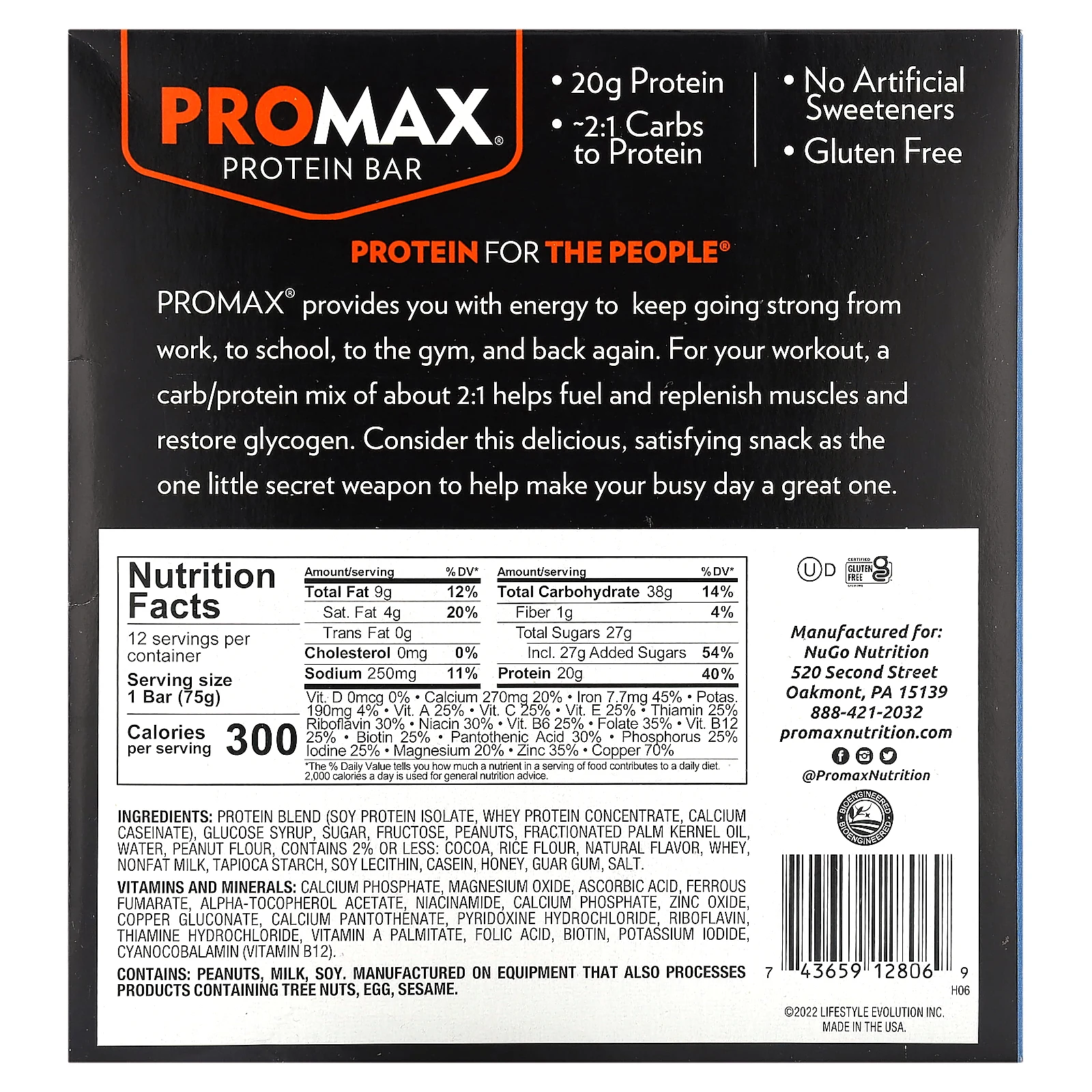 NuGo Nutrition, Promax Protein Bar, хрустящий с ореховой пастой, 12 батончиков по 75 г (2,64 унции)