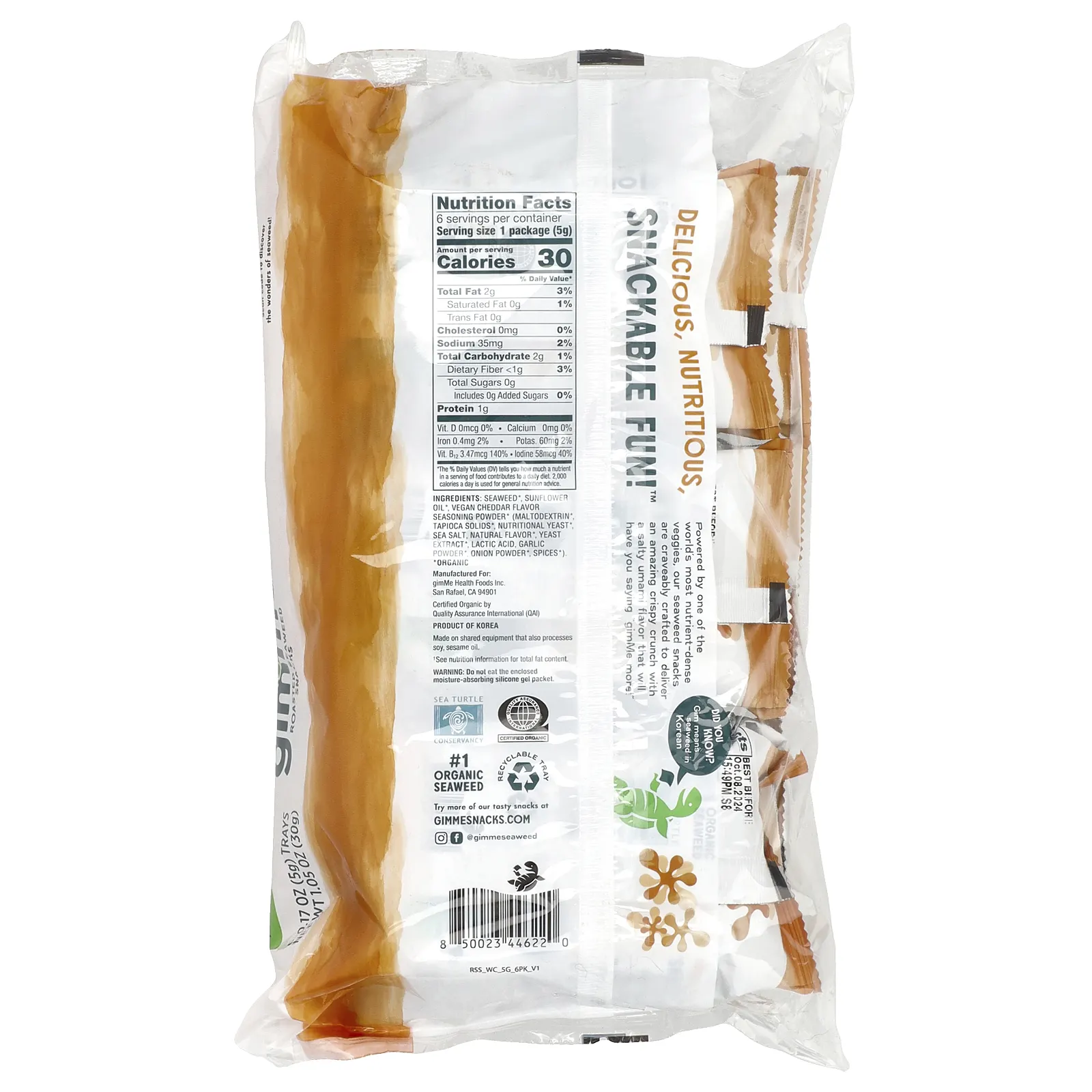 gimMe, Снеки из жареных морских водорослей, белый чеддер, 6 пакетиков по 5 г (0,17 унции)