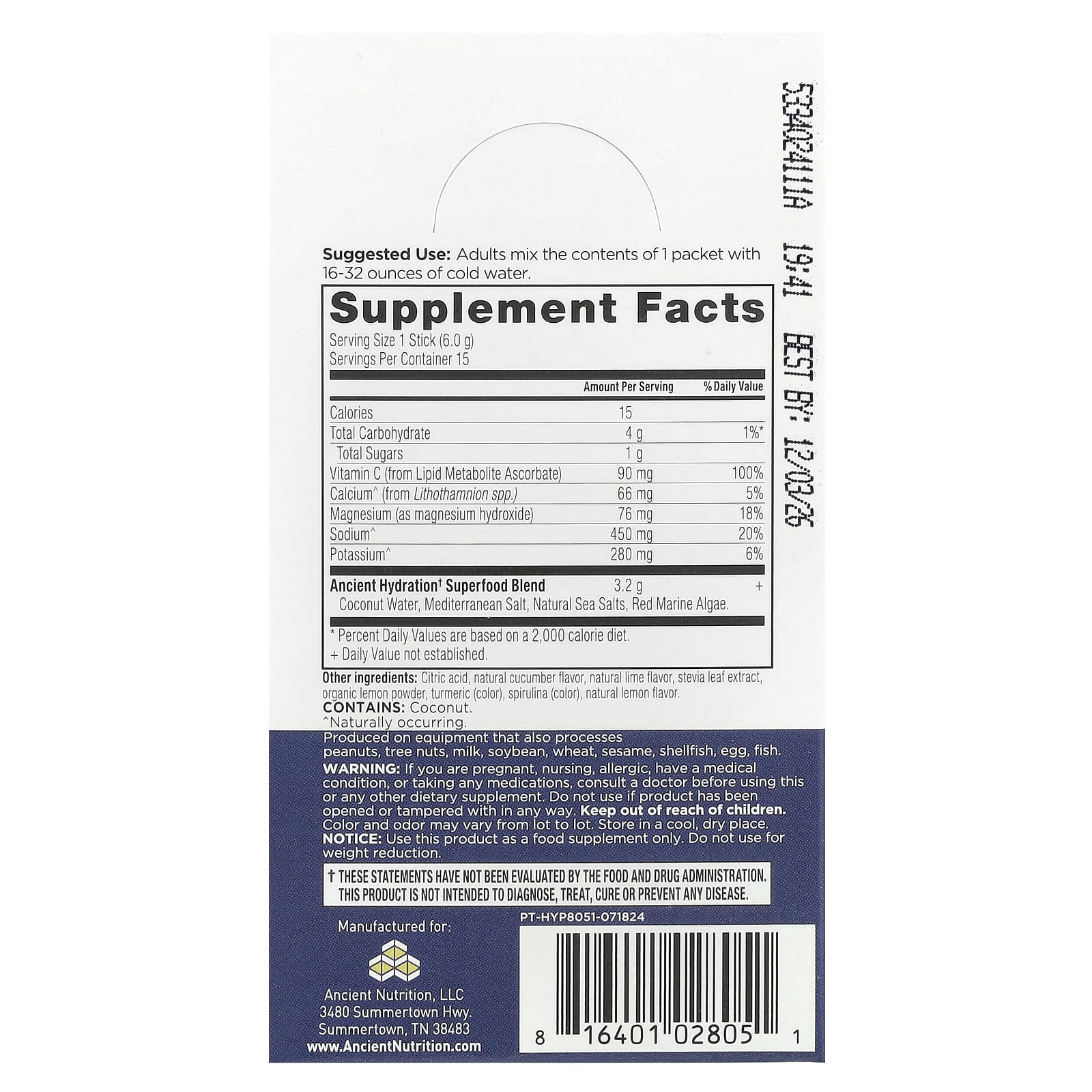 Ancient Nutrition, Rapid Hydration, лимон и лайм, 15 упаковок в виде стиков, по 6 г (0,2 унции)