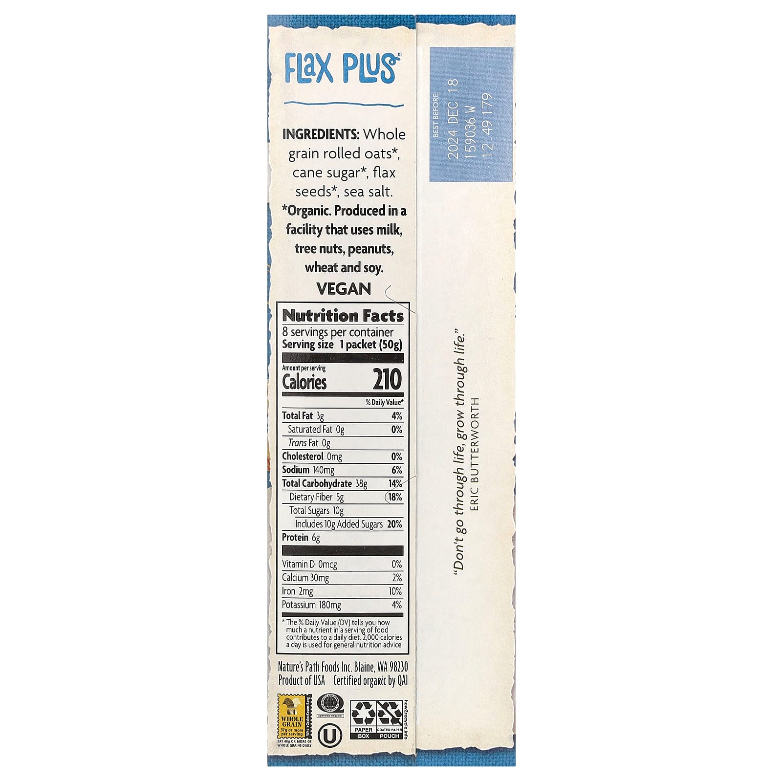 Nature's Path, Органическая овсянка быстрого приготовления, лен плюс, 8 пакетиков по 50 г