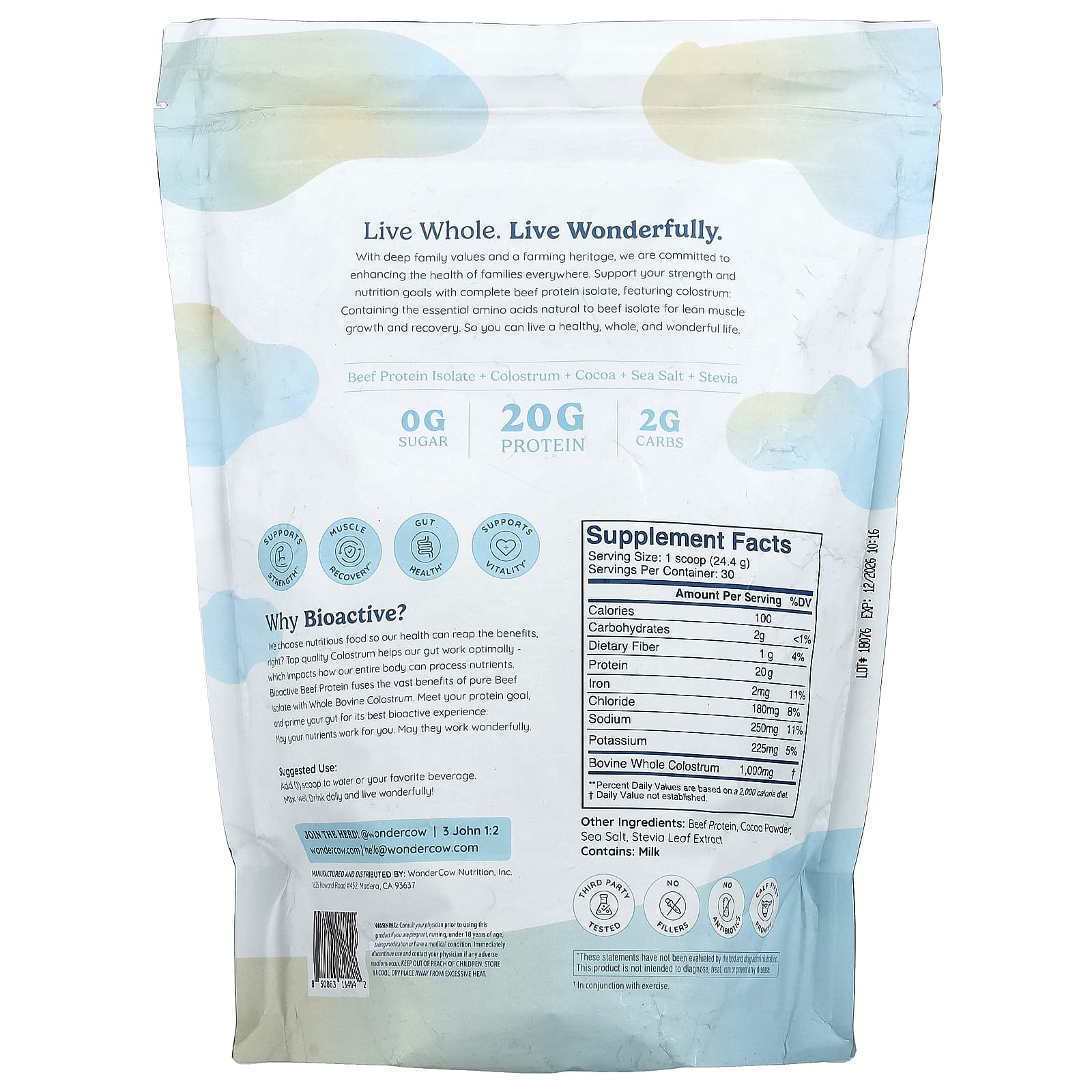 Wondercow, Биоактивный говяжий протеин, сливочный шоколад, 734 г (1,62 фунта)