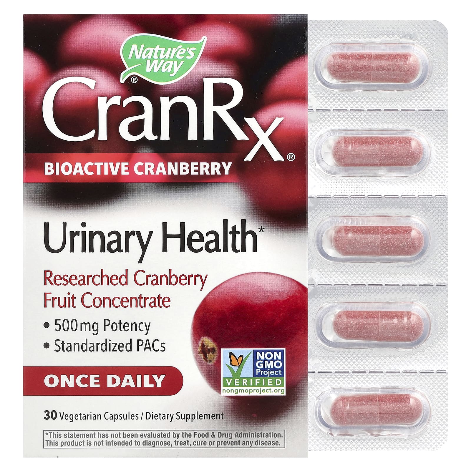 Nature's Way, CranRx, Urinary Health, биоактивная клюква, 500 мг, 30 вегетарианских капсул