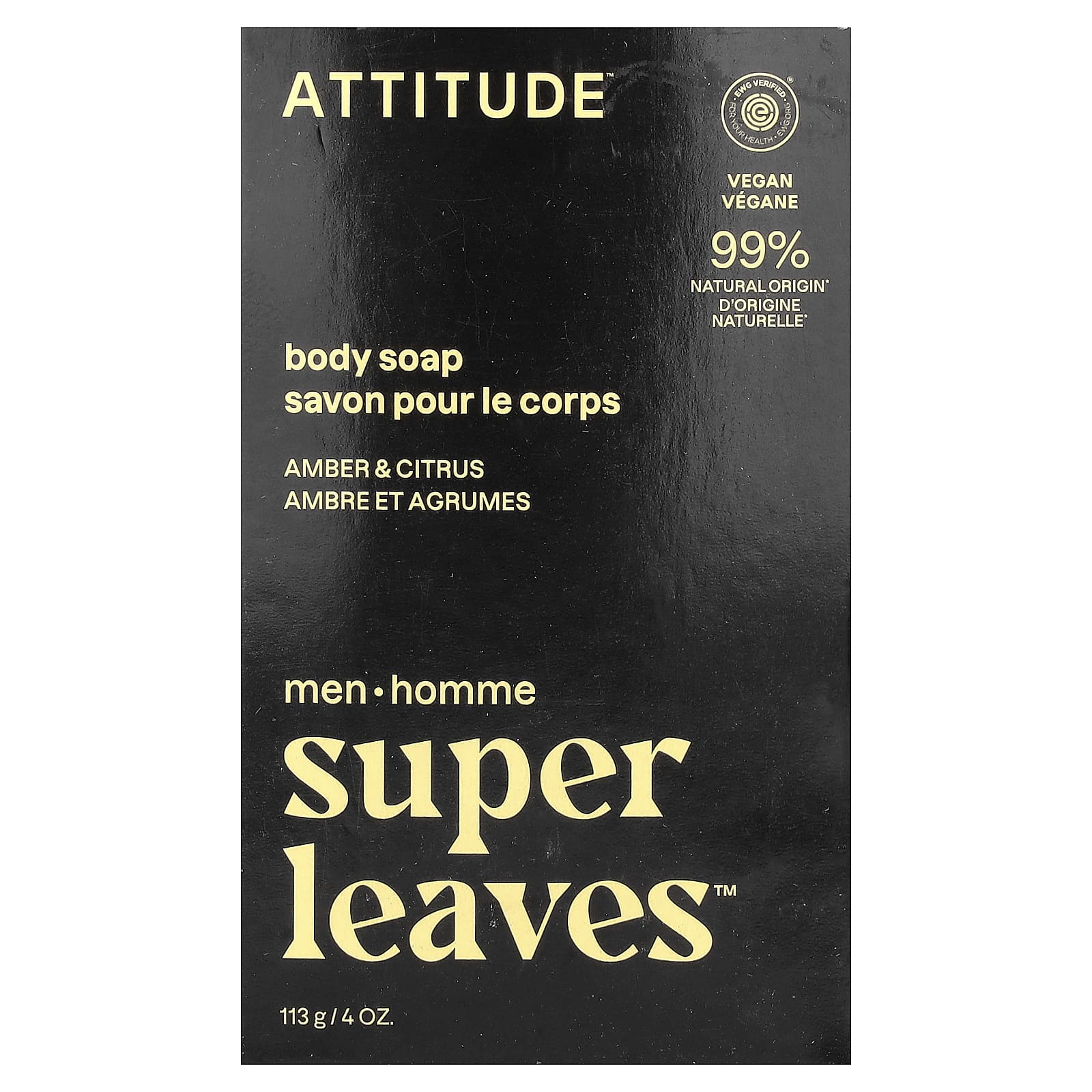 ATTITUDE, Super Leaves™, кусковое мыло для тела, для мужчин, янтарь и цитрус, 113 г (4 унции)