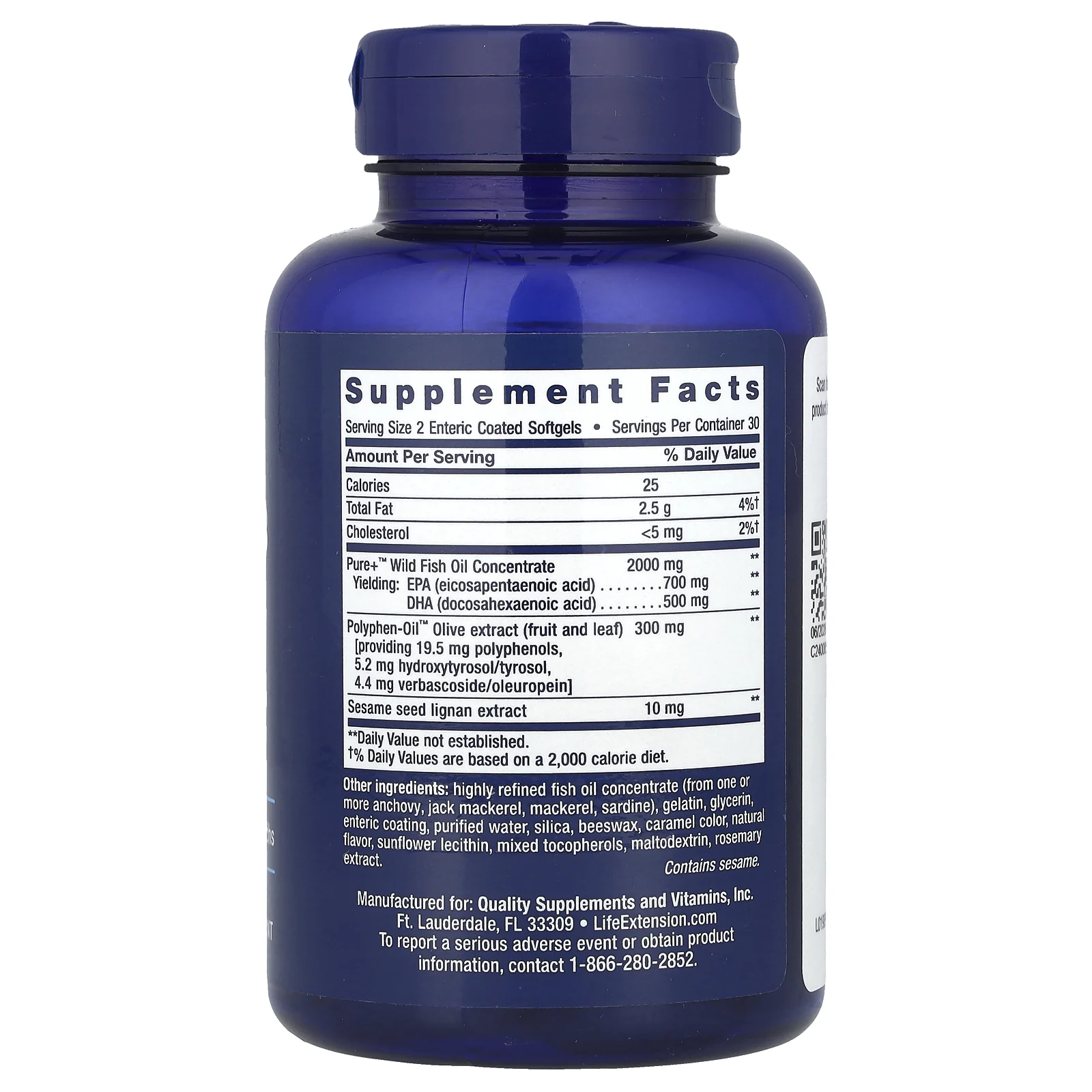 Life Extension, Super Omega-3, рыбий жир с ЭПК и ДГК, лигнанами кунжута и экстрактом оливы, 60 капсул, покрытых кишечнорастворимой оболочкой