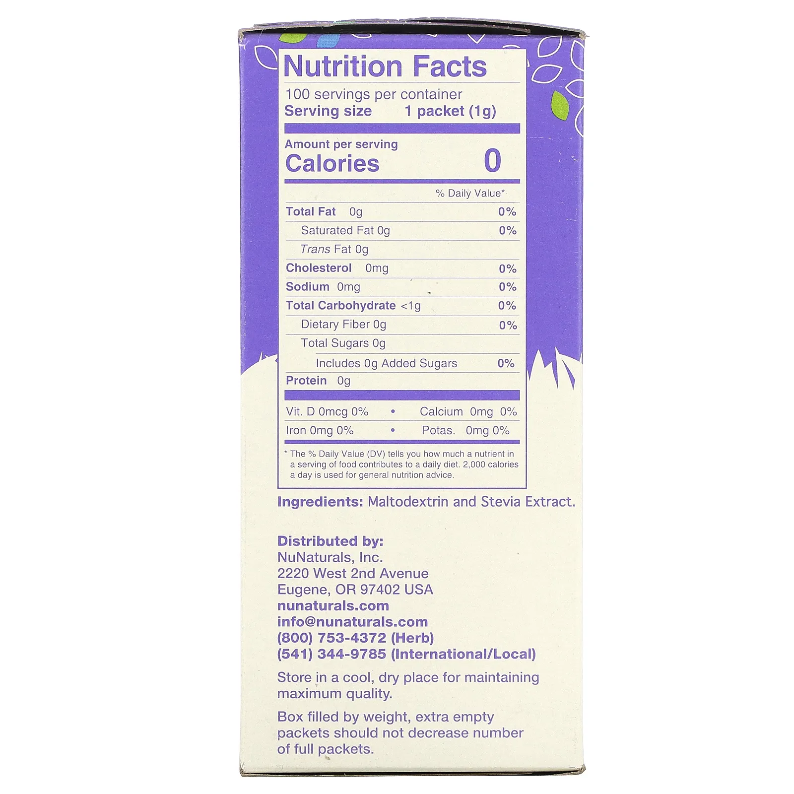 NuNaturals, NuStevia, белый порошок стевии, 100 пакетиков, 100 г (3,5 унции)