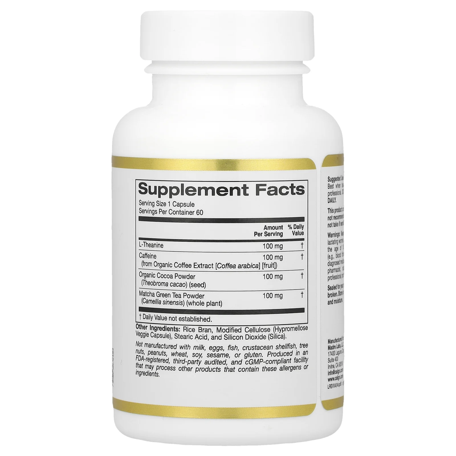 California Gold Nutrition, TheanineUP, сфокусированная энергия, L-теанин и кофеин, 60 растительных капсул