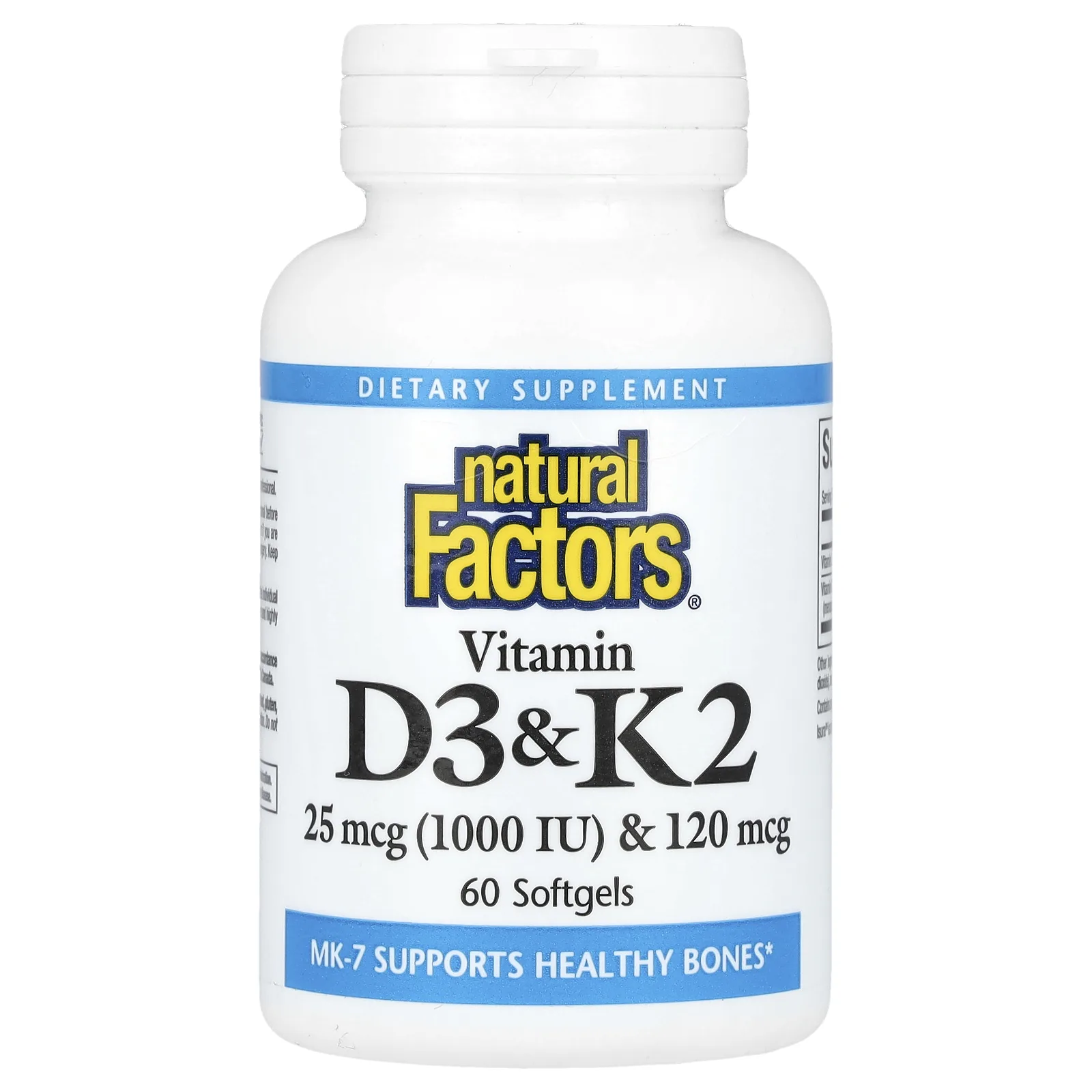 Natural Factors, витамины D3 и K2, 25 мкг (1000 МЕ) и 120 мкг, 60 капсул