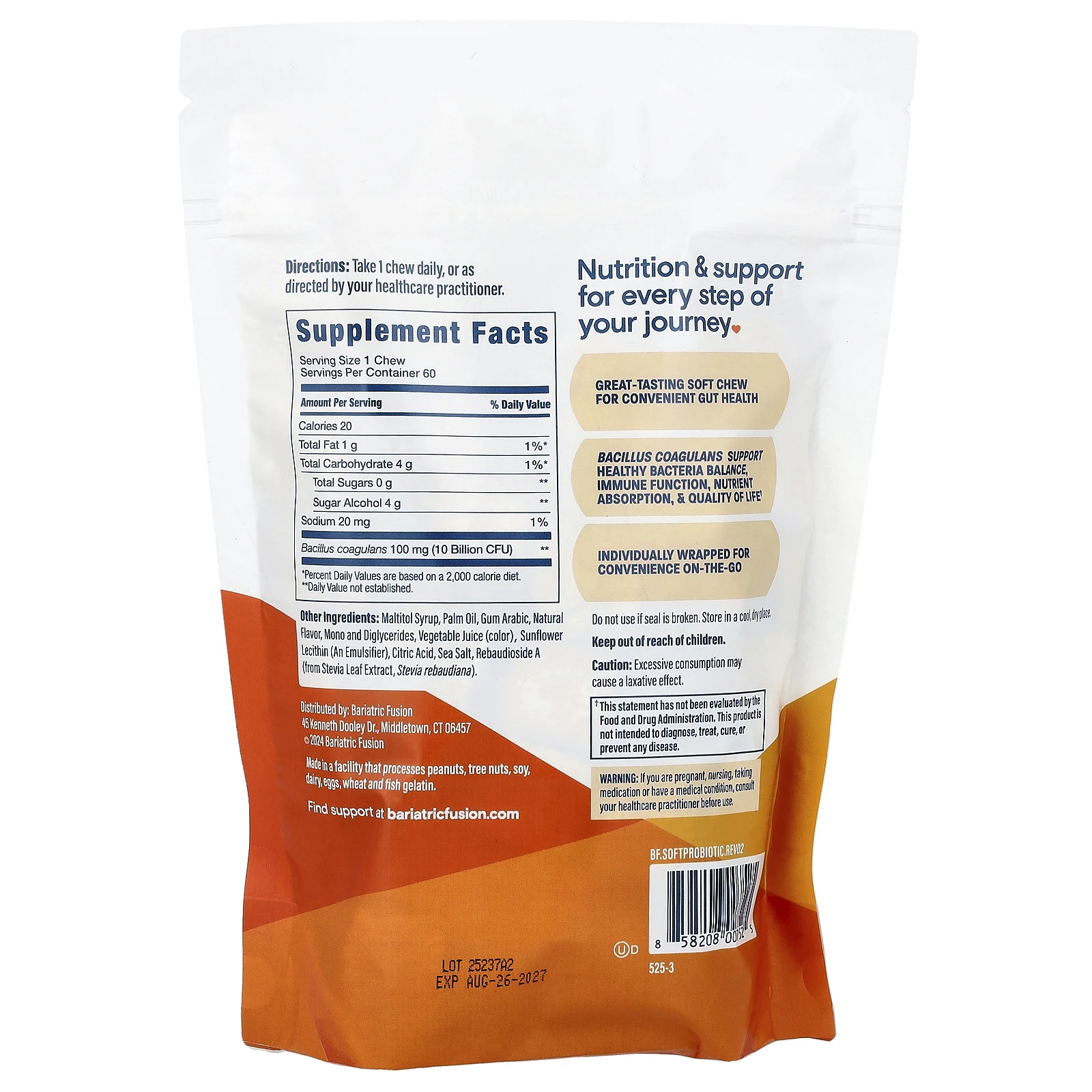 Bariatric Fusion, жевательные таблетки с пробиотиком, тропический апельсин, 60 жевательных таблеток