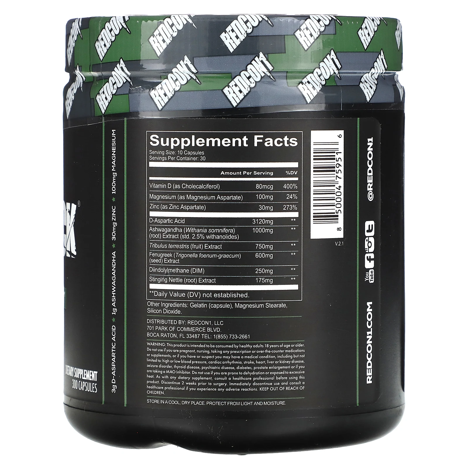 Redcon1, Boom Stick, поддержка уровня тестостерона, 300 капсул