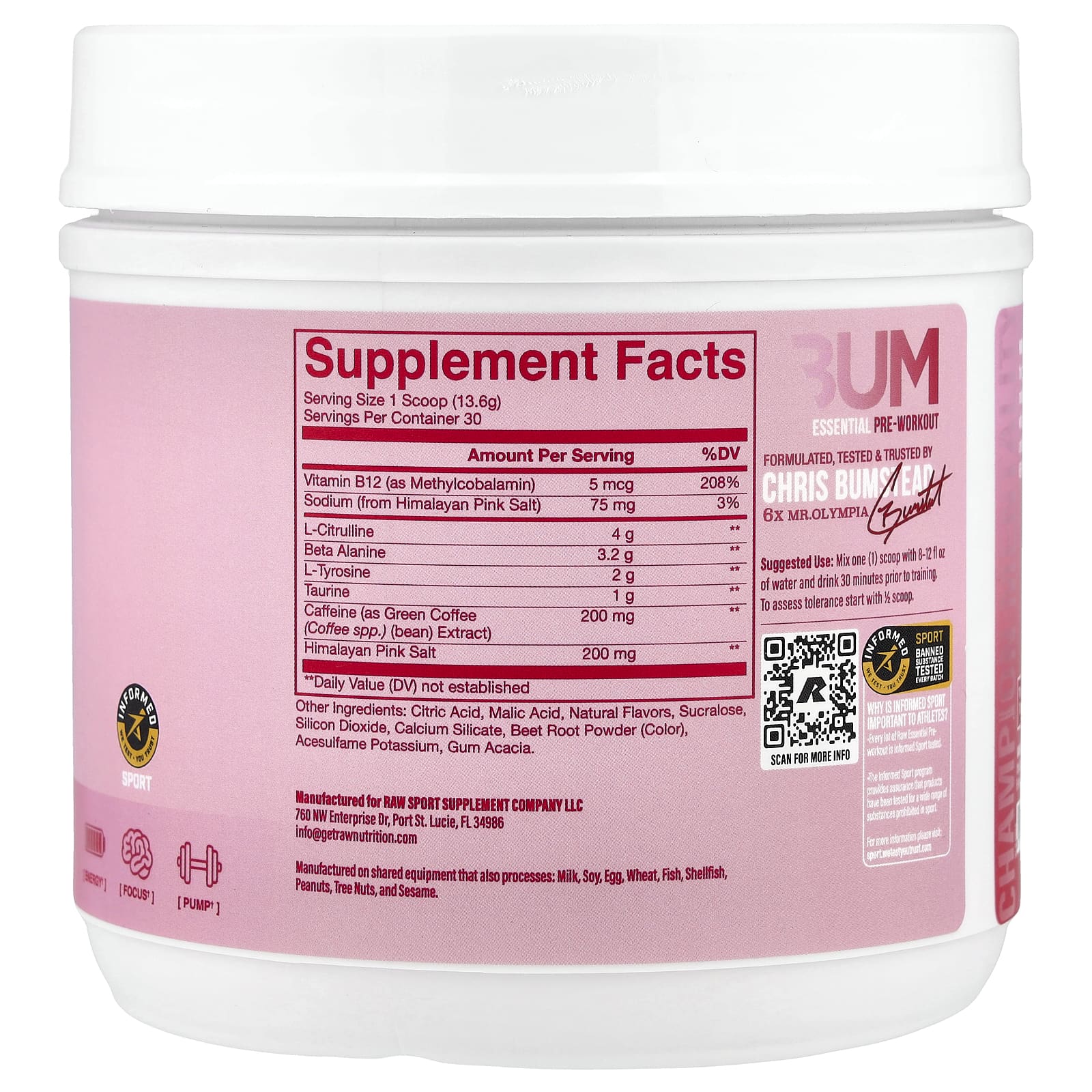 Raw Nutrition, Bum Essentials, предтренировочный комплекс, со вкусом малины и кремовой пасты, 408 г (14,39 унции)