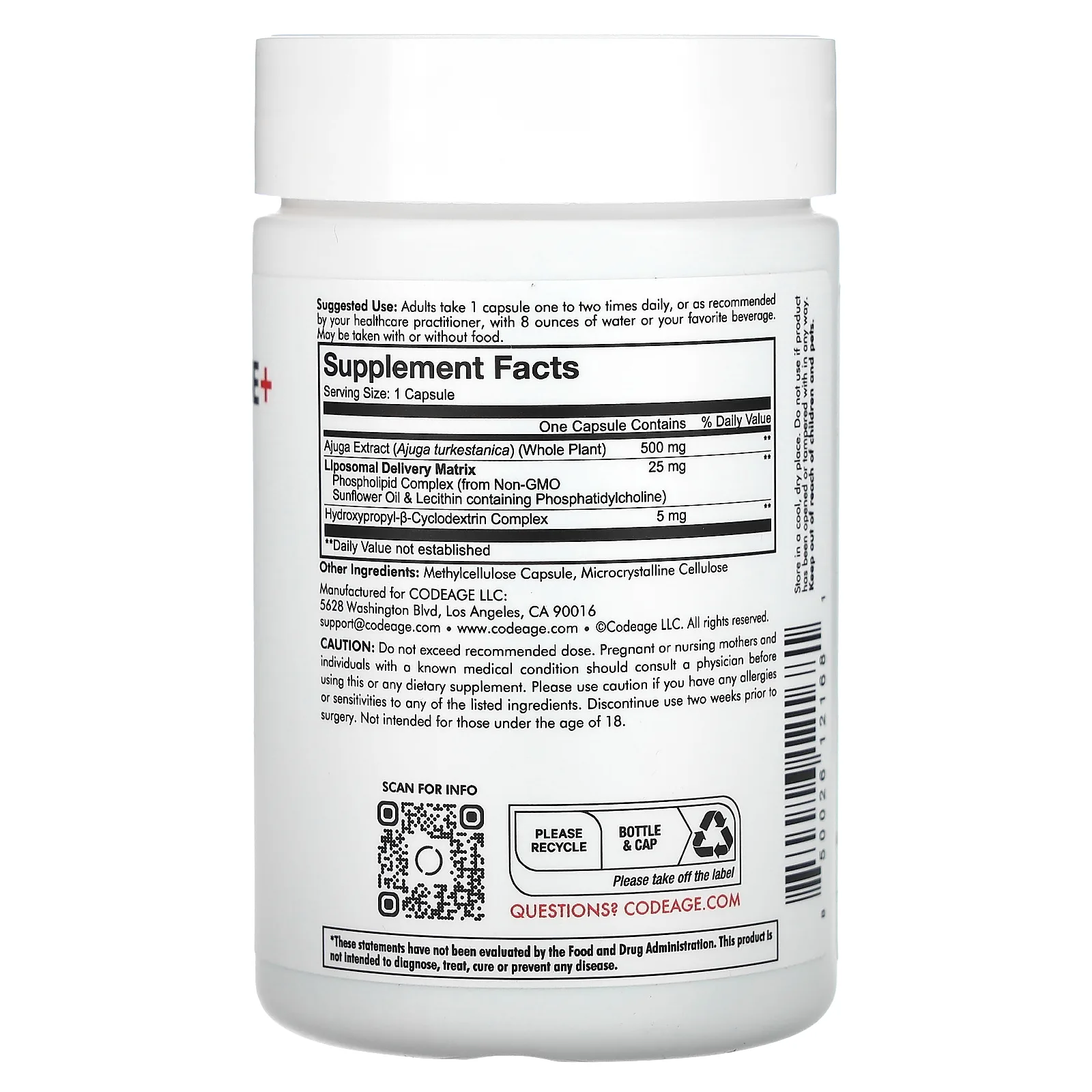 Codeage, липосомальный туркестерон+ центурион, 120 капсул