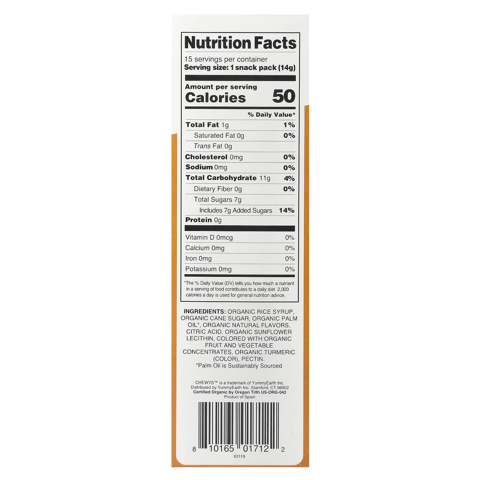 YumEarth, Organic Chewys ™, фруктовые жевательные таблетки, 15 пакетиков для снеков, 14 г (0,5 унции)