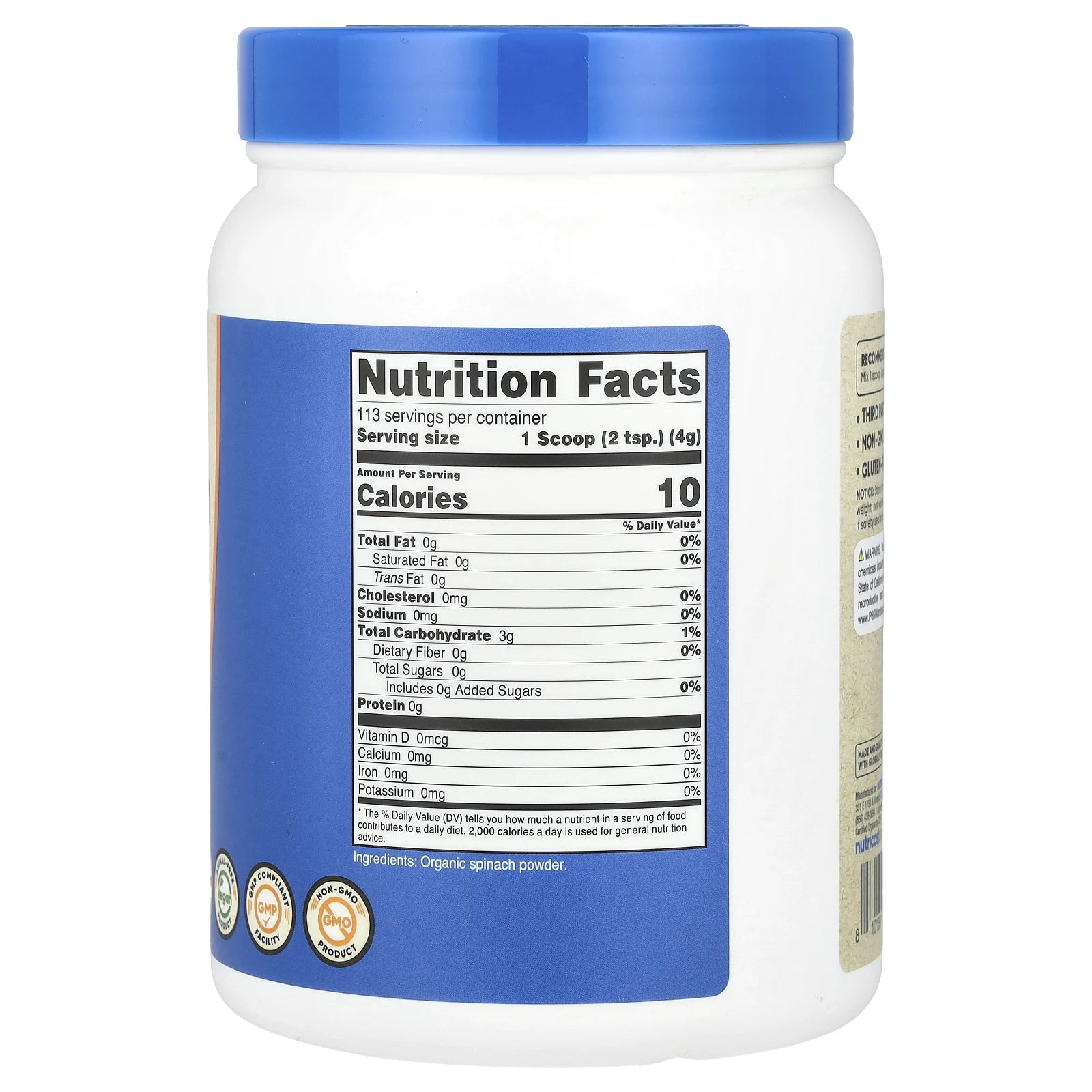 Nutricost, порошок из органического шпината, без добавок, 454 г (16,2 унции)