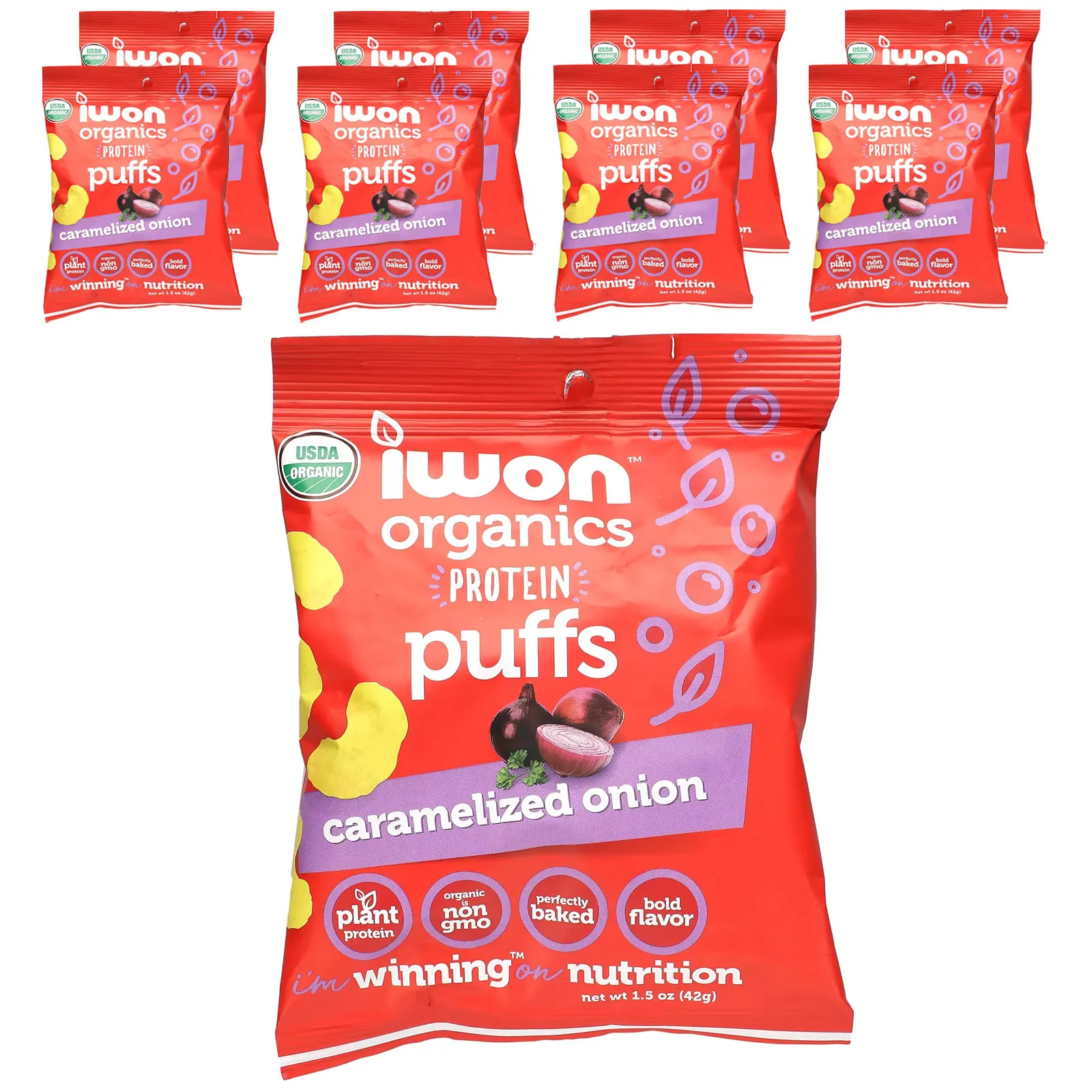 IWON Organics, Organics Protein Puffs, карамелизованный лук, 8 пакетиков по 42 г (1,5 унции)