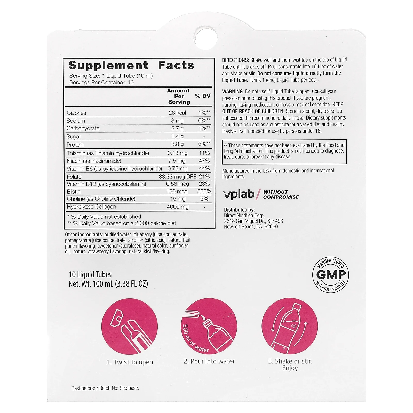 Vplab, жидкий коллаген для женщин, тропические фрукты, клубника и киви, 4000 мг, 10 тюбиков с жидкостью, 100 мл (3,38 жидк. унции)