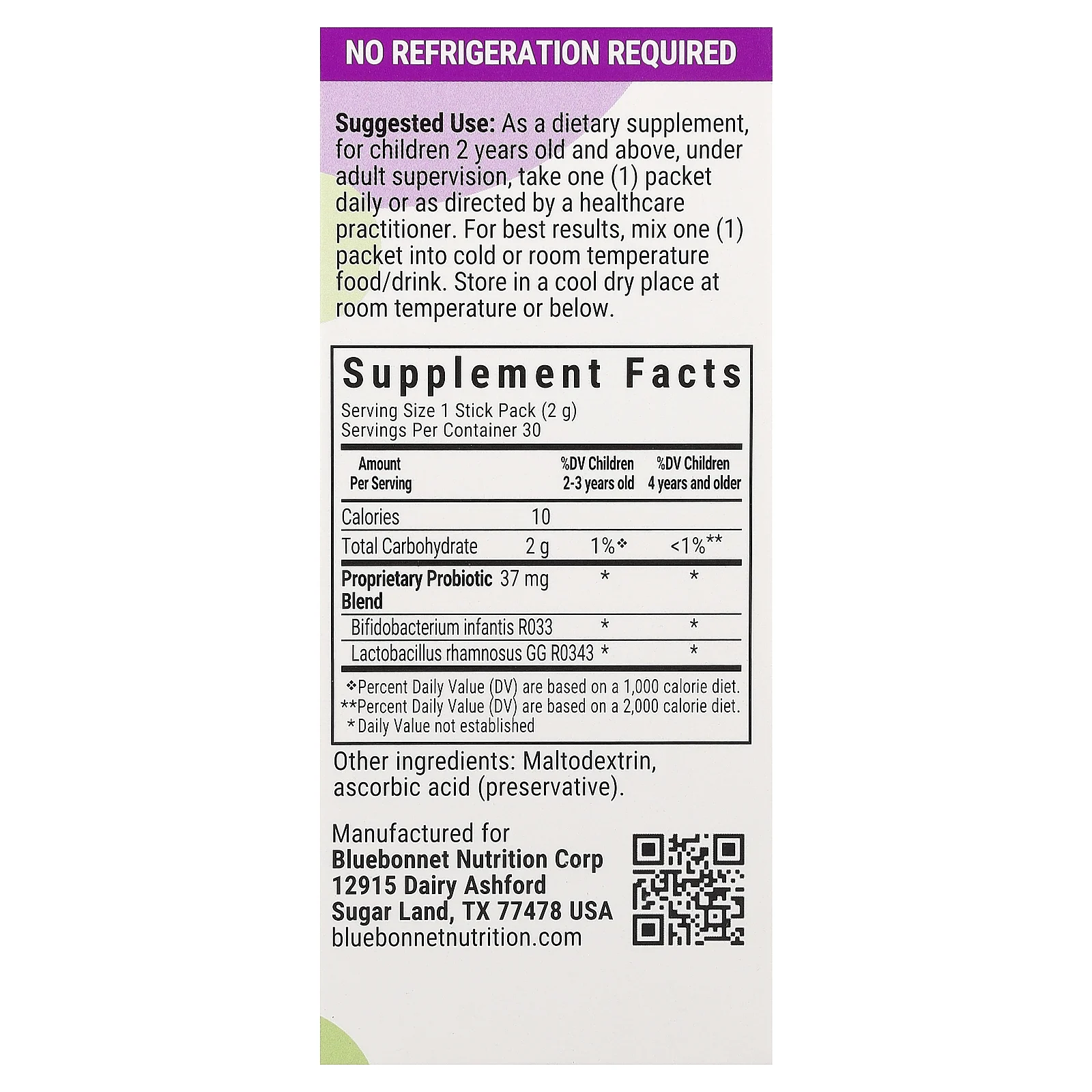 Bluebonnet Nutrition, Kids, пробиотик, для детей от 2 лет, без вкусовых добавок, 30 пакетиков по 2 г (0,07 унции)