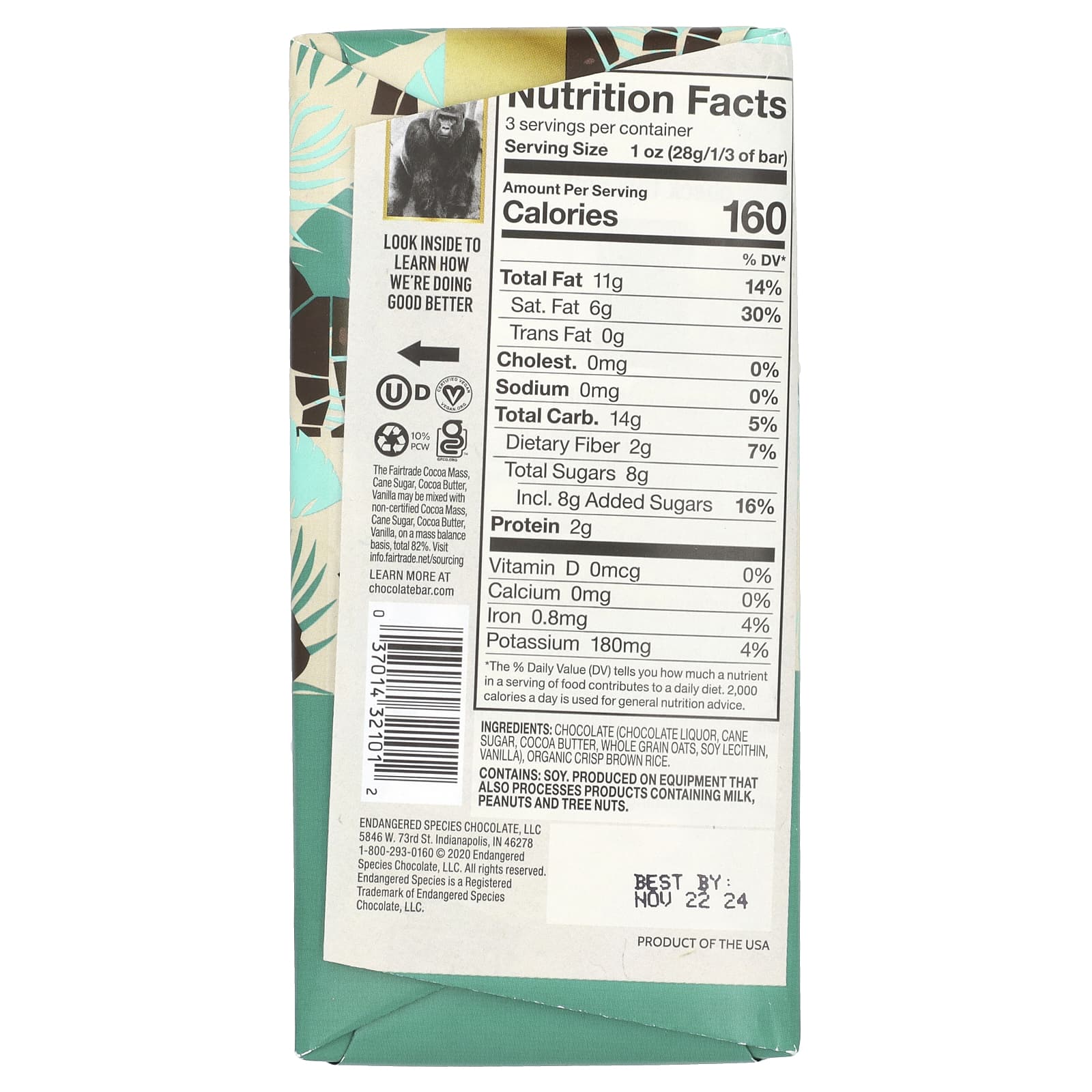 Endangered Species Chocolate, Овсяное молоко, рисовые чипсы + темный шоколад, 55% какао, 3 унции (85 г)