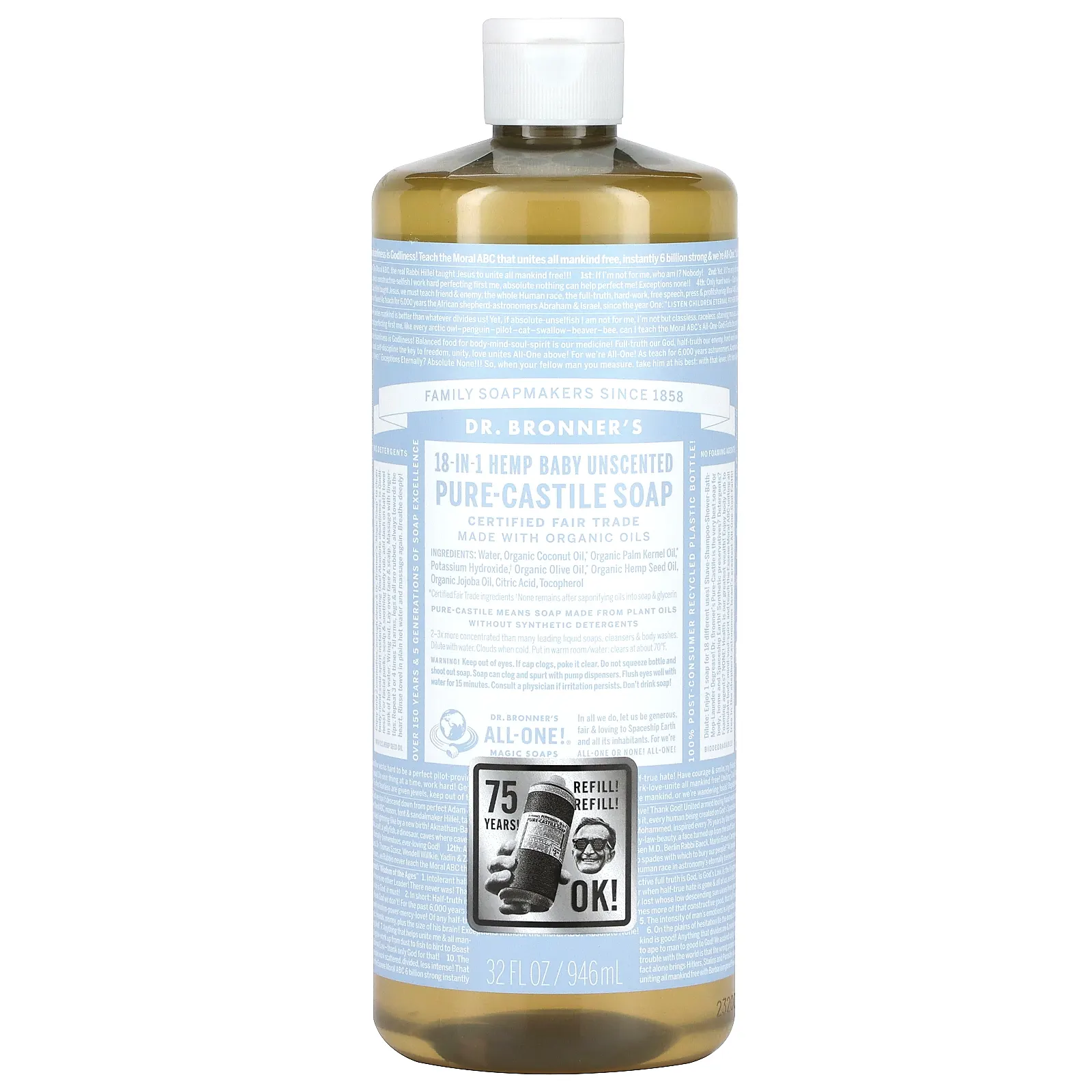 Dr. Bronner's, Чистое кастильское мыло из конопли 18-в-1, детское без запаха, 946 мл (32 жидк. Унции)
