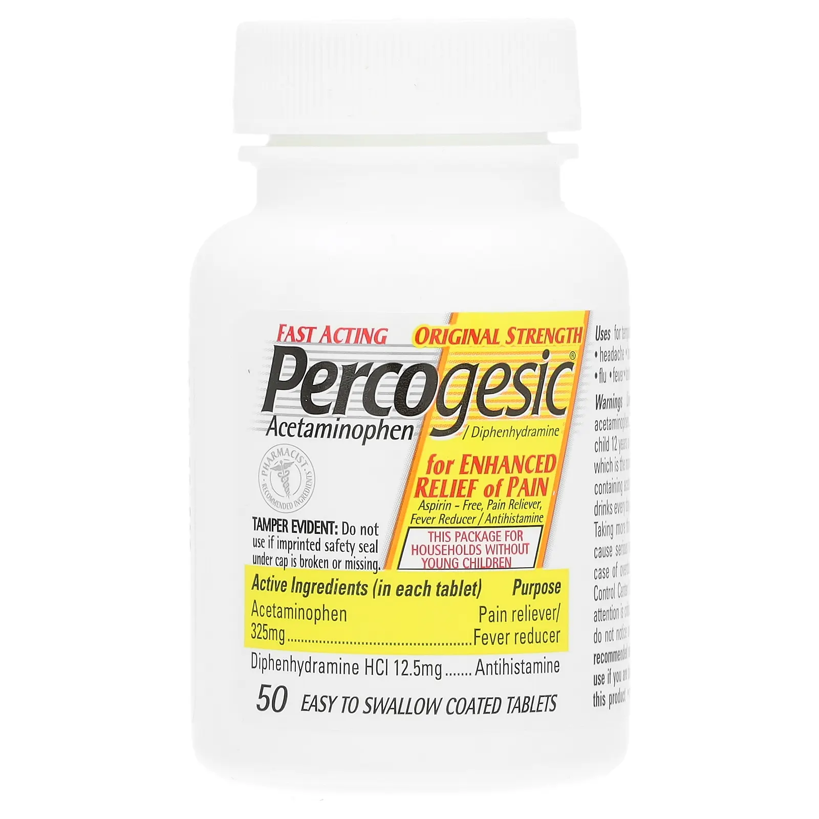 Percogesic, ацетаминофен/дифенгидрамина гидрохлорид, первоначальная сила действия, 50 таблеток, покрытых оболочкой, которые легко глотать