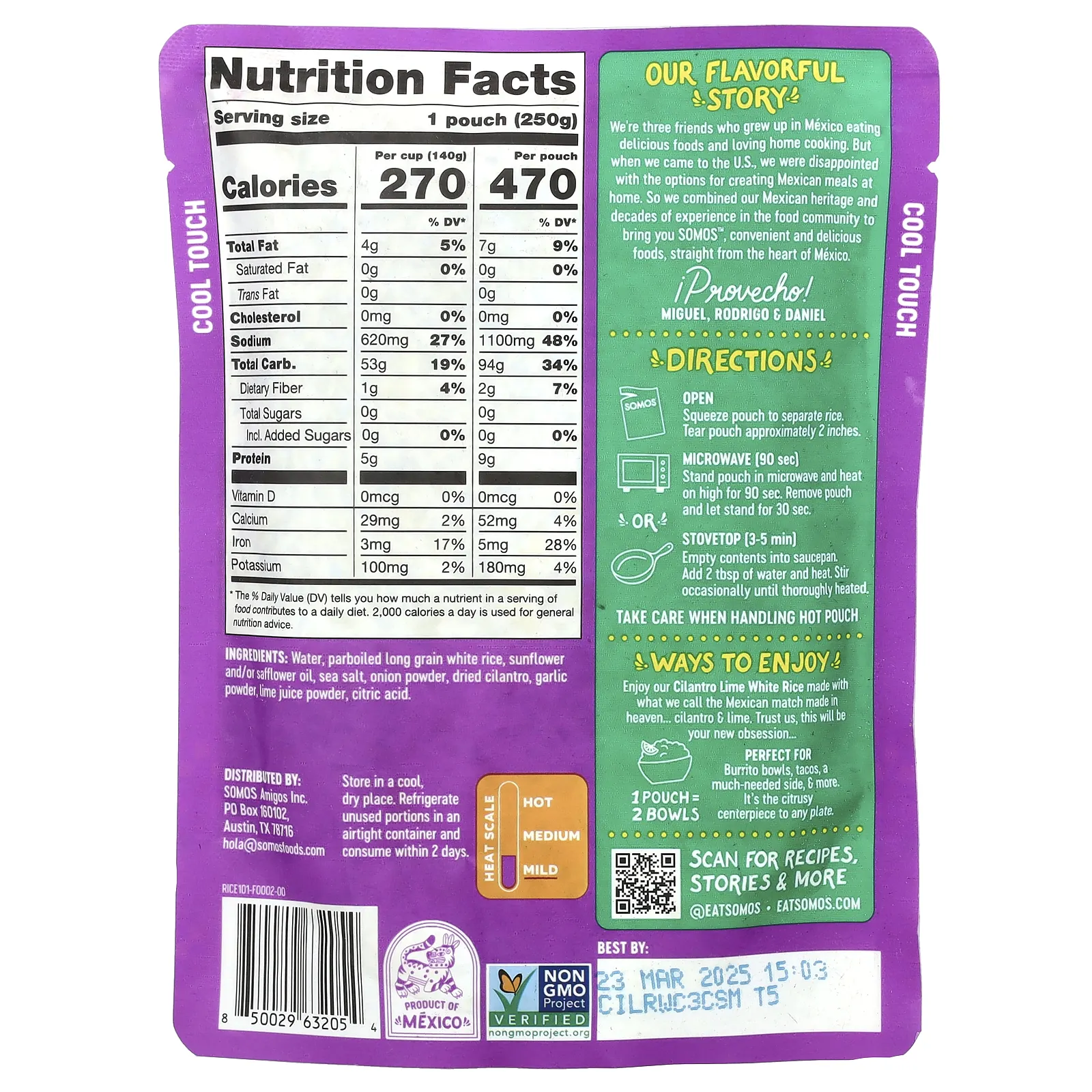 Somos, Белый рис с кориандром и лаймом, мягкий, 250 г (8,8 унции)